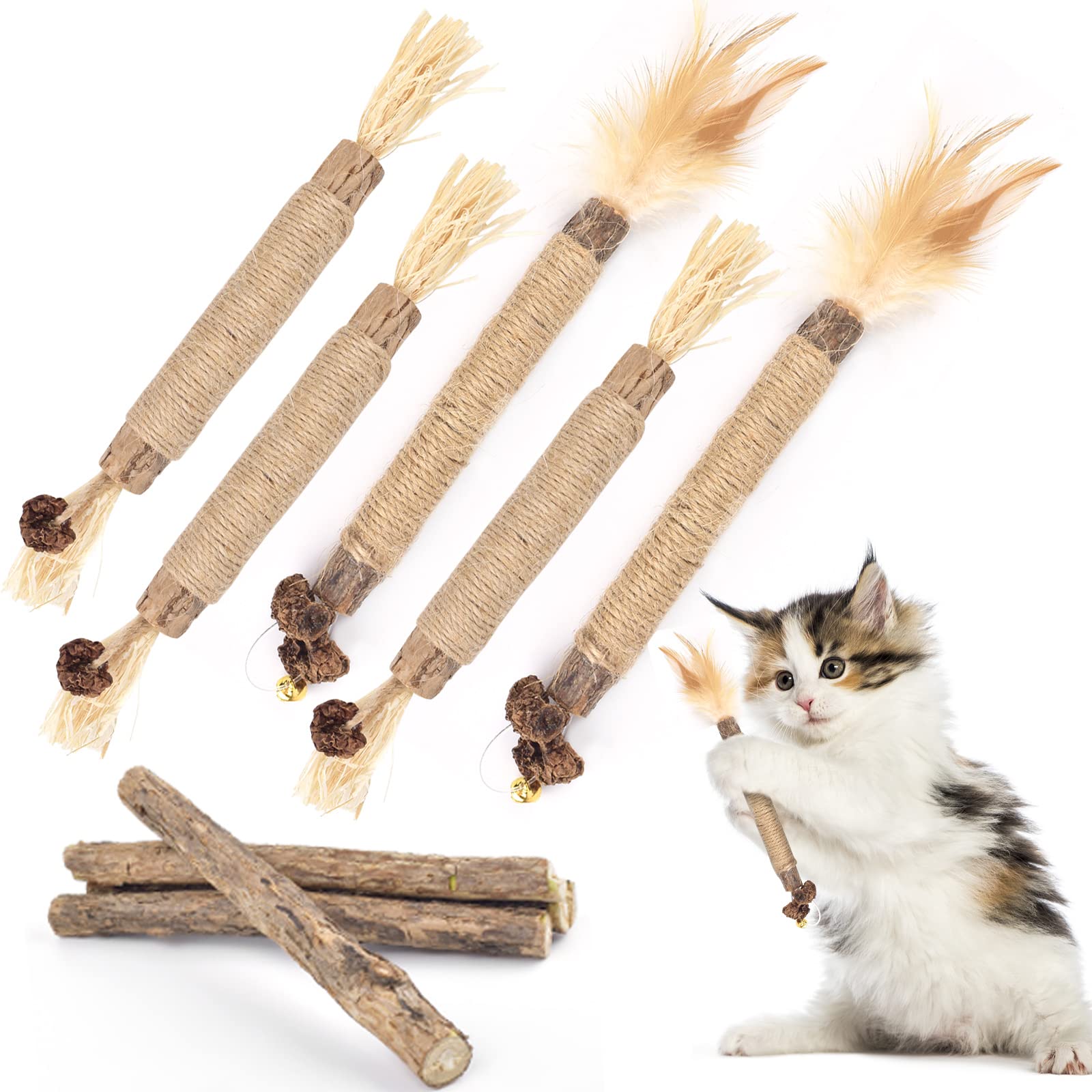 Bissap 10 PCS Silvervine Chew Sticks for Cats, Catnip Chew Sticks Cat Toys for Indoor Cat Kitten Teeth Grinding Interactive Feather Toys for Aggressive Chewers Dental Care