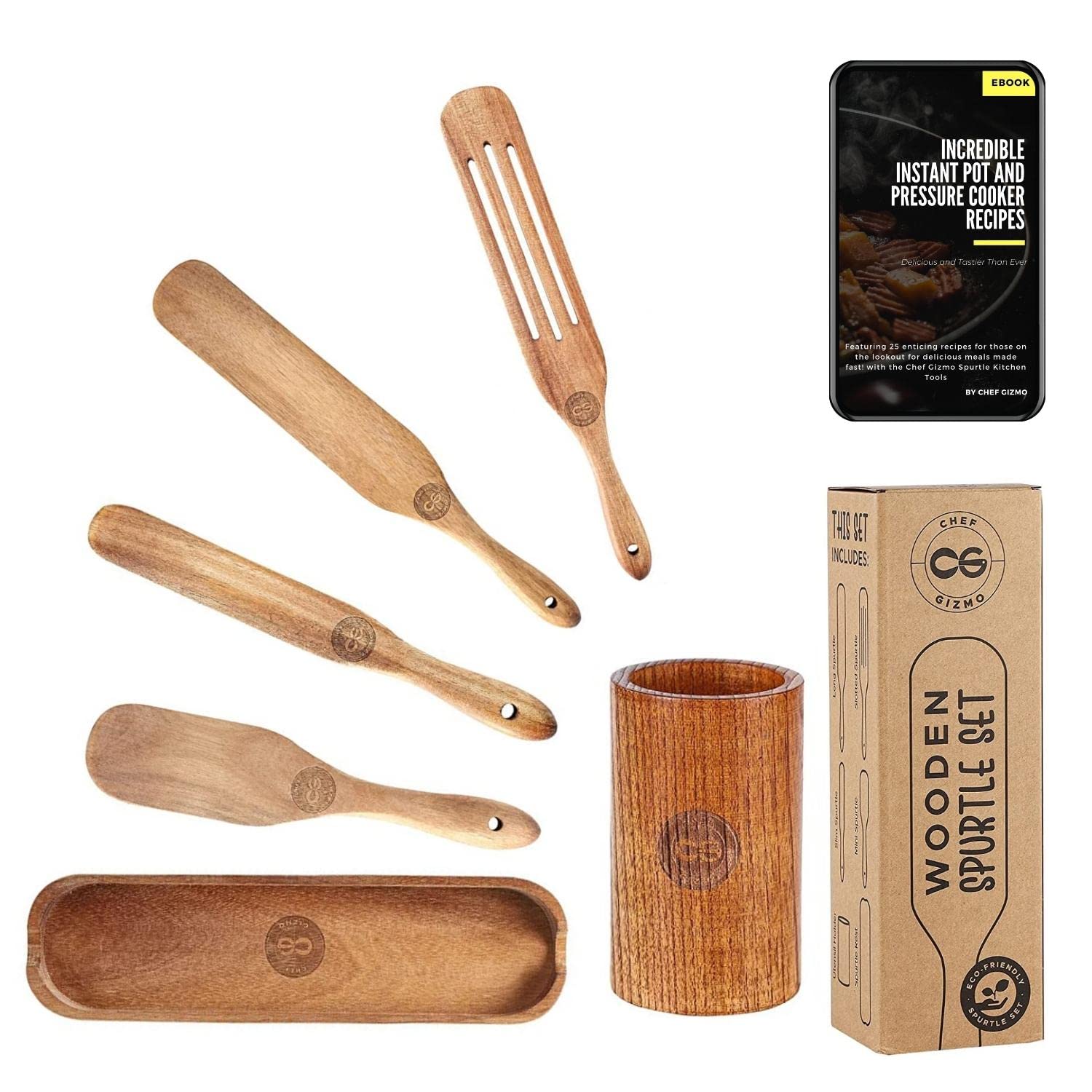 Spurtle Set Spurtles Kitchen set - Spurtle - kitchen tools as seen on TV Non-stick Cookware Kitchen Utensil -Stir, Scrape, Smash. (4 Spurtles with Holder and Rest (Wood))