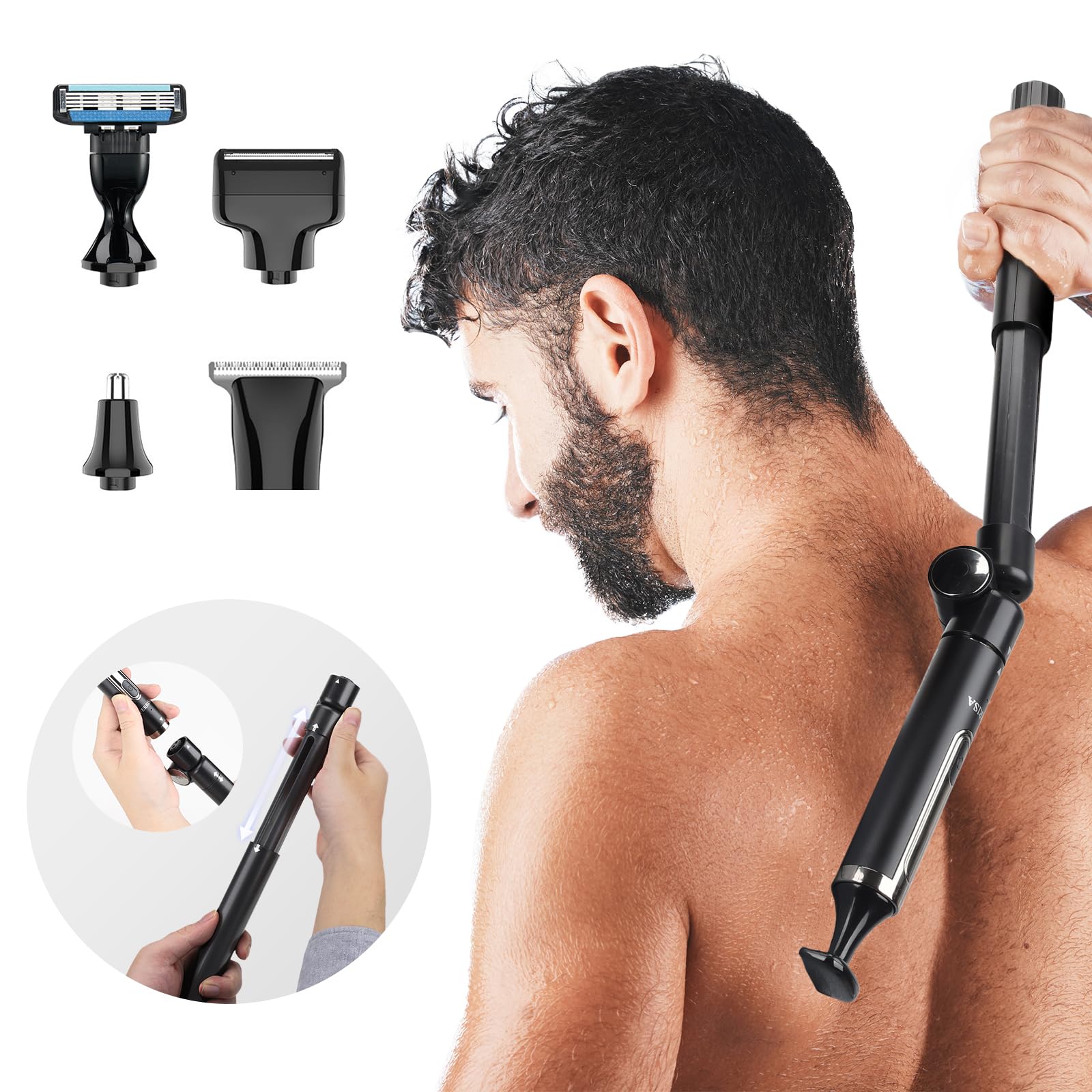 Mens Electric Back Shaver, FERRISA Body Hair Trimmer Men Shave with Detachable and Extendable Handle, Multifunctional Electric Back Shaver for Men Travel-Friendly with Travel Lock