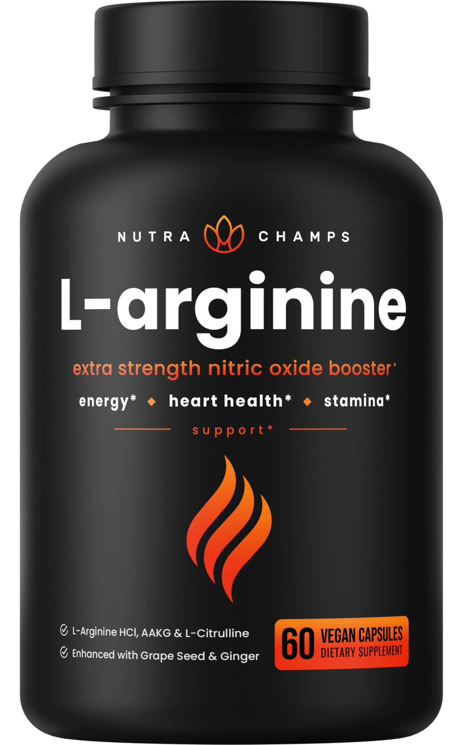 Premium L Arginine Supplement | 5-in-1 Nitric Oxide Supplement | L-Arginine Powder & L Citrulline Enhanced with Grape Seed & Ginger | Energy, Blood Flow, Heart Health & Stamina | 60 Vegan Capsules