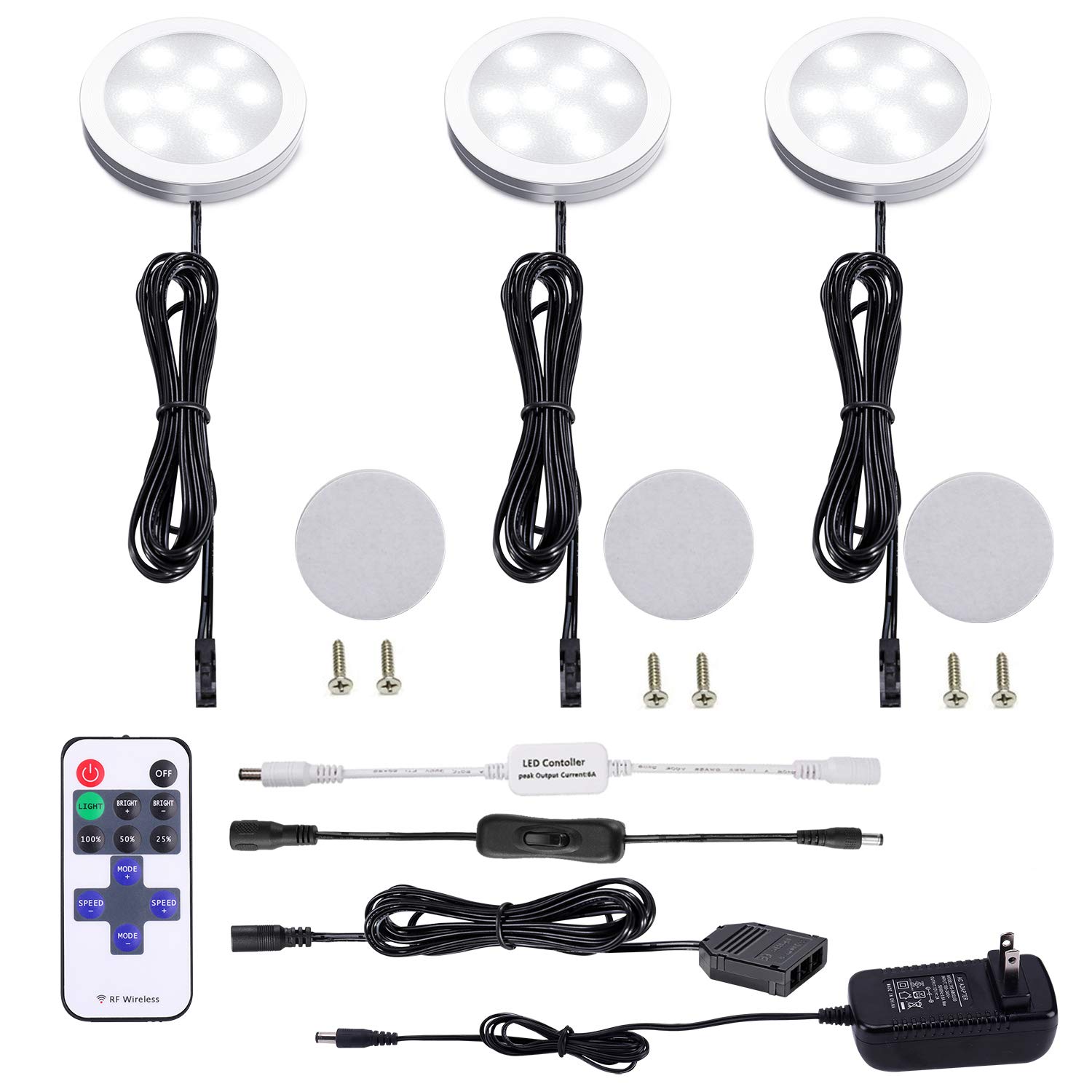 AIBOO Dimmable LED Under Cabinet Puck Lights 3 Lamps Kit with RF Remote Control for Home Kitchen Counter Lighting (Daylight White 6000K)