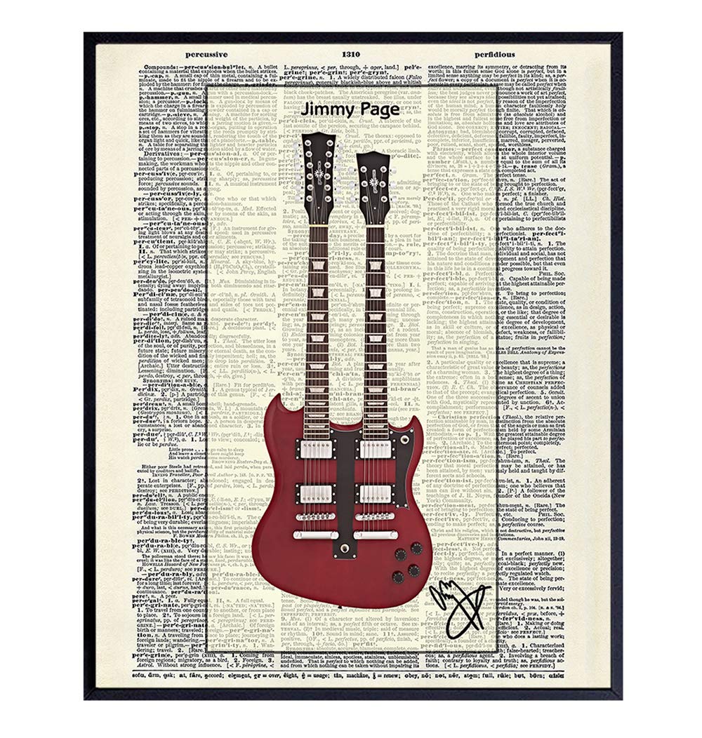 Jimmy Page Guitar - Wall Art Print on Dictionary Photo - Ready to Frame (8x10) Vintage Photo - Great Gift for Music and Led Zeppelin Rock n Roll Fans - Cool Home Decor