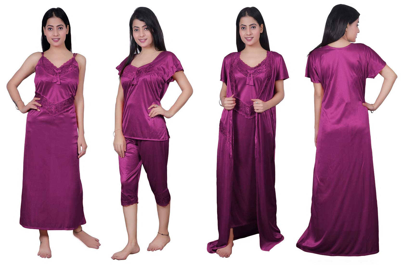 Women's Satin Nighty, Robe, Top, Night Dress & Capri - Set of 4