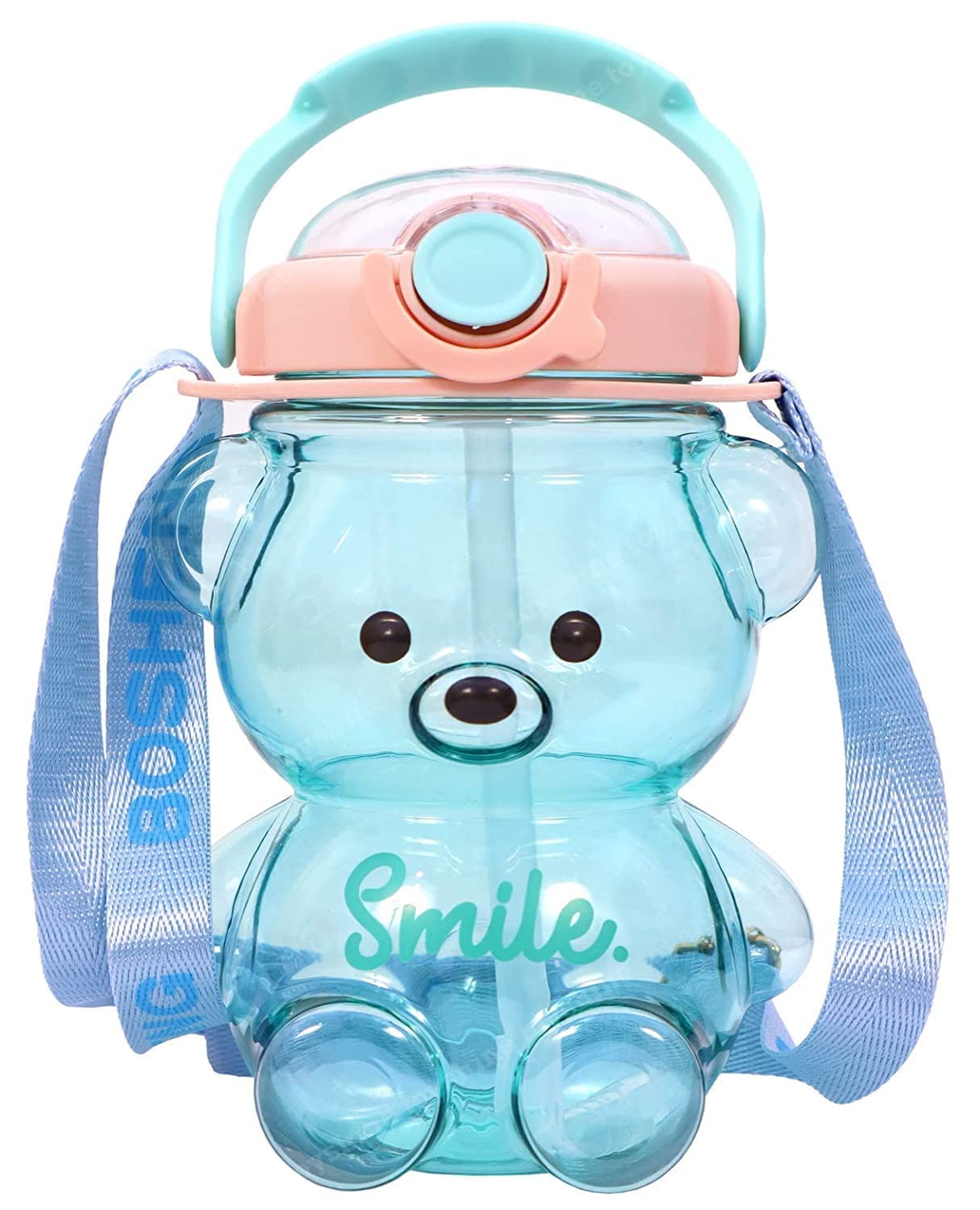 CRIYALE Plastic Teddy Bear Water Bottle for Kids, Push Botton Water Bottle With Straw, Sipper Water bottle for School Kids with Adjustable Strap and Stickers, 3+Years (Pack of 1, MultiColour)