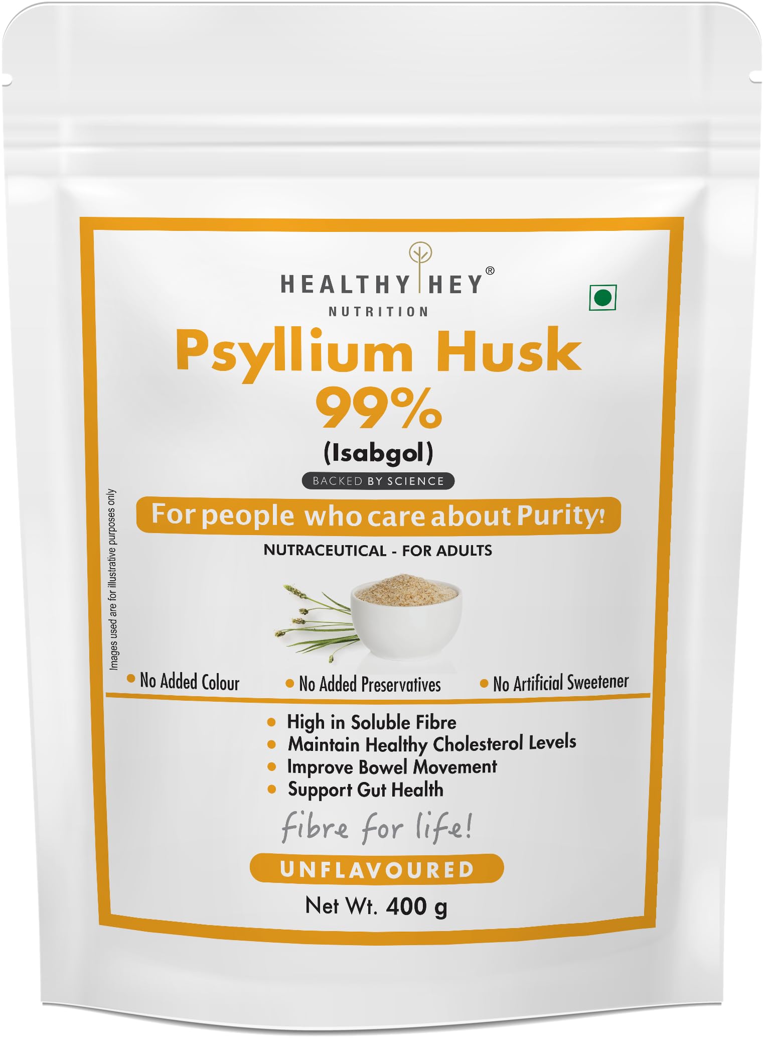 HealthyHey Nutrition Psyllium Husk 99% - Fibre Support - Pack of 400 gram Powder