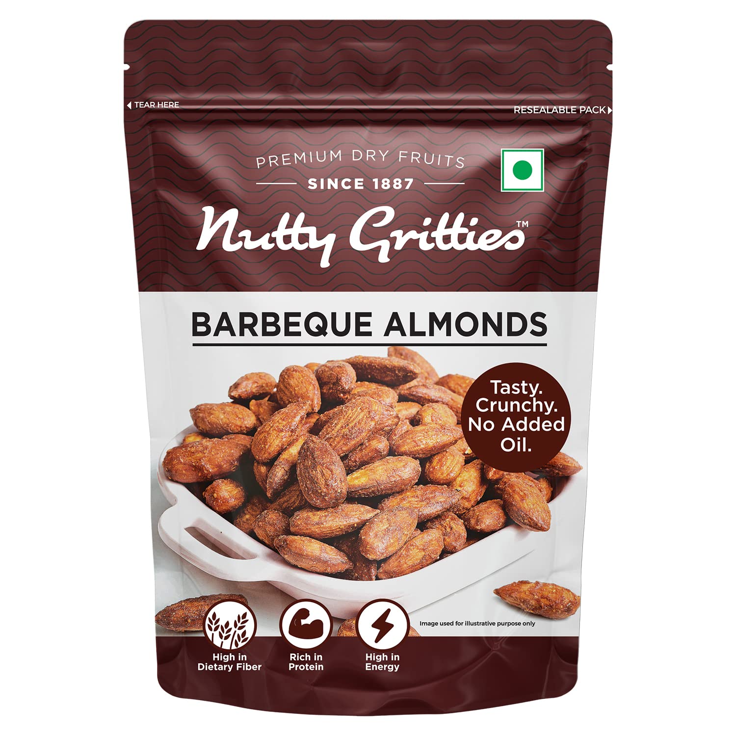 Nutty Gritties Party snacks Barbeque Almonds (BBQ) 200g - Healthy Party Snack, Dry Roasted, Non Fried, Zero Oil, Crunchy, Tasty | Resealable Pouch