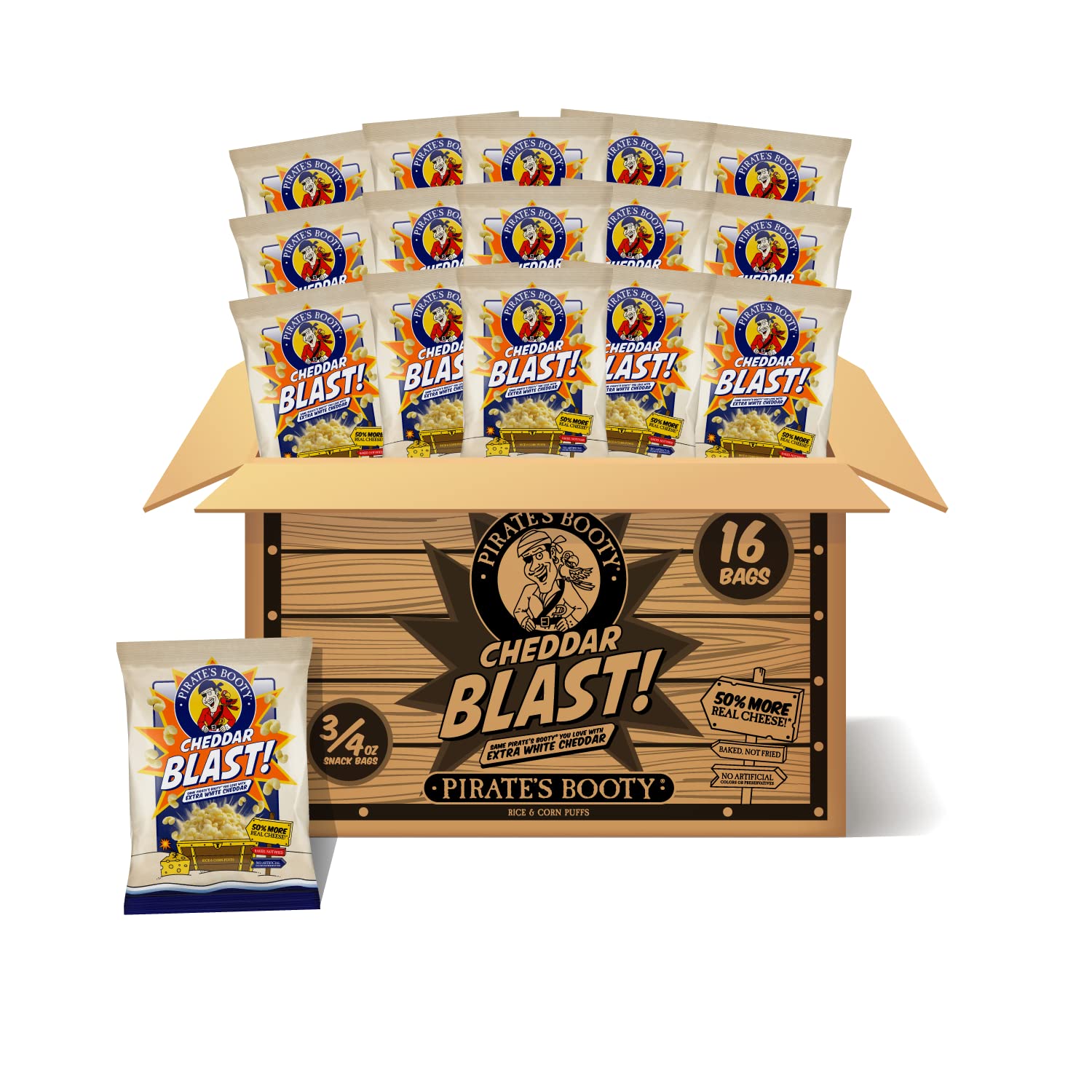 Pirate's Booty Cheddar Blast Cheese Puffs, Gluten Free, Healthy Kids Snacks, 0.75oz Individual Size Snack Bags (16 Count)