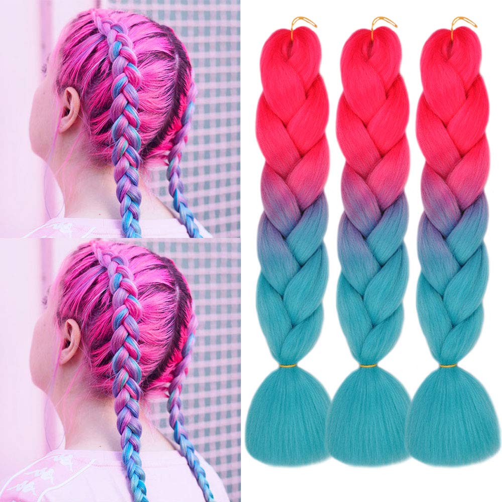 KETHBE 3Pcs Ombre Jumbo Braiding Hair Crochet Twist Hair Extensions 24 inch Box Braids Heat Resistance Synthetic Fiber Hair for Women(Peach Red to Lake Blue)