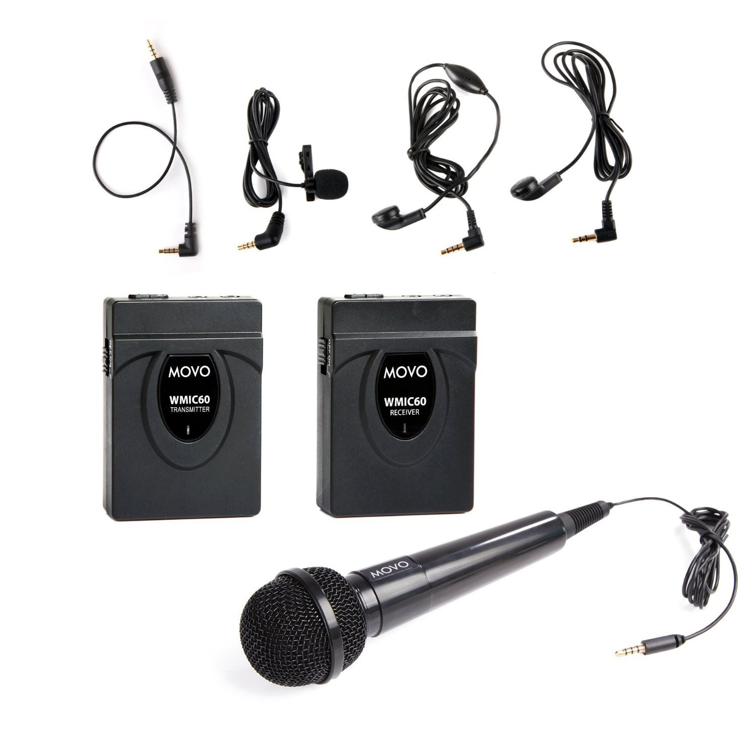 MovoWMIC60 2.4GHz Wireless Lavalier and Handheld Microphone System with Integrated 164-foot Range Antenna (Includes Transmitter with Belt Clip Receiver with Camera Shoe Lapel Mic and 2 Earphones)