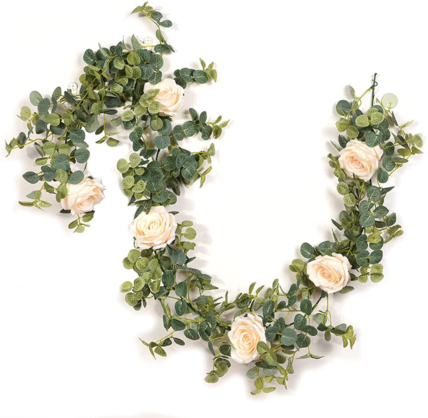 levylisa Eucalyptus Garland with Ivory Rose Flowers Greenery Floral Garland for Wedding Backdrop Wall/Table/ Arch Door Decor