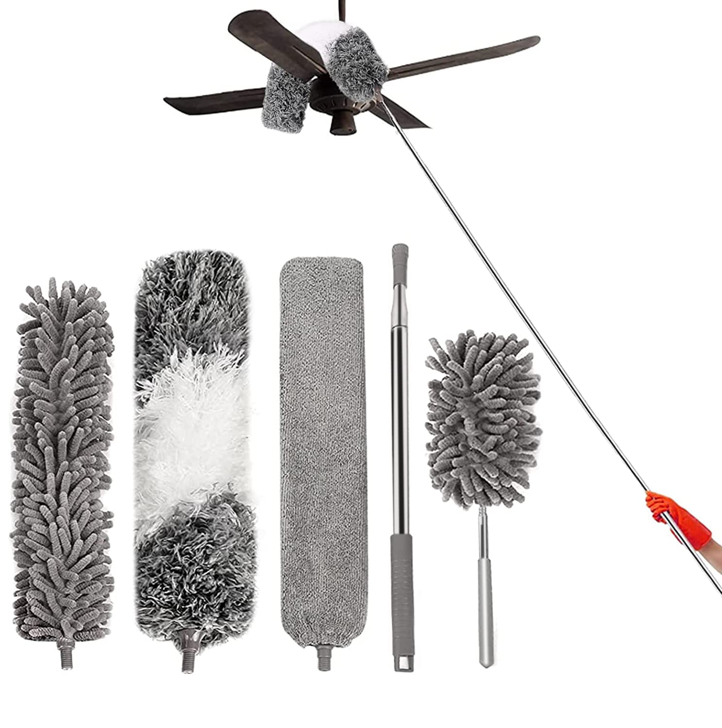 ShineMe Microfiber Duster with Extension Pole, Feather Duster Kit for House Cleaning, Bendable Cobweb Duster with 100 inches Extension Pole for Cleaning from Floor to Ceilings