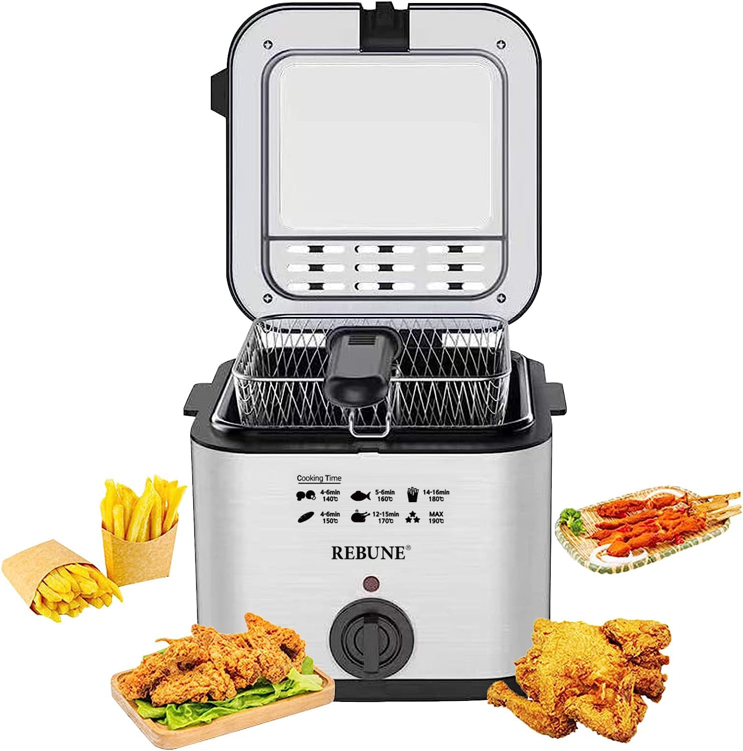 REBUNE 1800W Electric Deep Fryer 2.5L Tank Deep Fat Fryer with Viewing Window Temperature Up to 180°C Stainless Steel Chip Fryer Cold Zone Technology Removable Oil Basket Automatic Fryer (Silver)