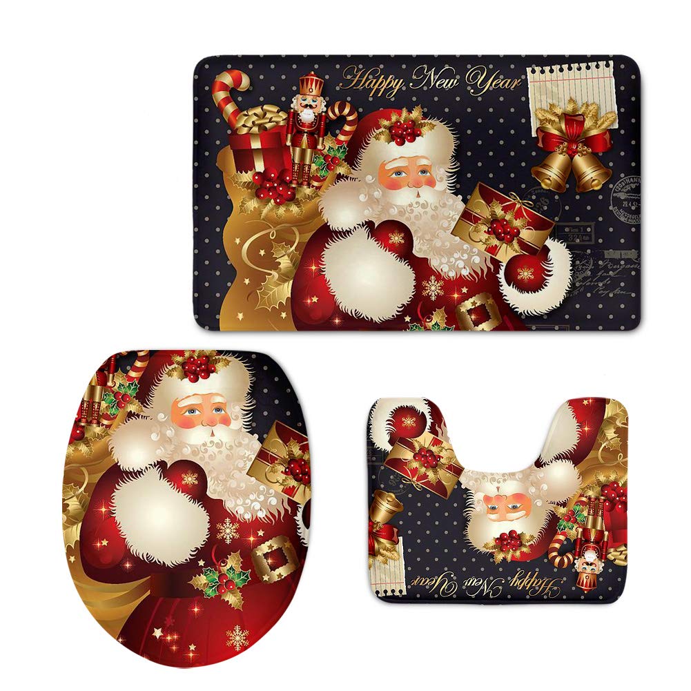 Coloranimal Home Bathroom 3 Piece Sets, Included Bath Area Rug+Contour Mat+Lid Toilet Seat Cover, Merry Christmas Santa Claus with Gifts Printed Red Memory Foam Flannel Carpet