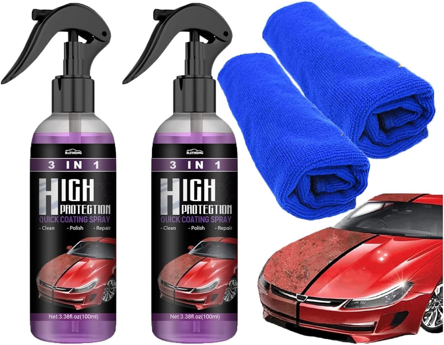 ZSIGNS 3 In 1 High Protection Ceramic Coating Nano Spray, Car Coating Wax Polishing Spray, Plastic Refresher, Fast Fine Scratch Repair (1 Pcs 200Ml + 1 Towel), Multicolor