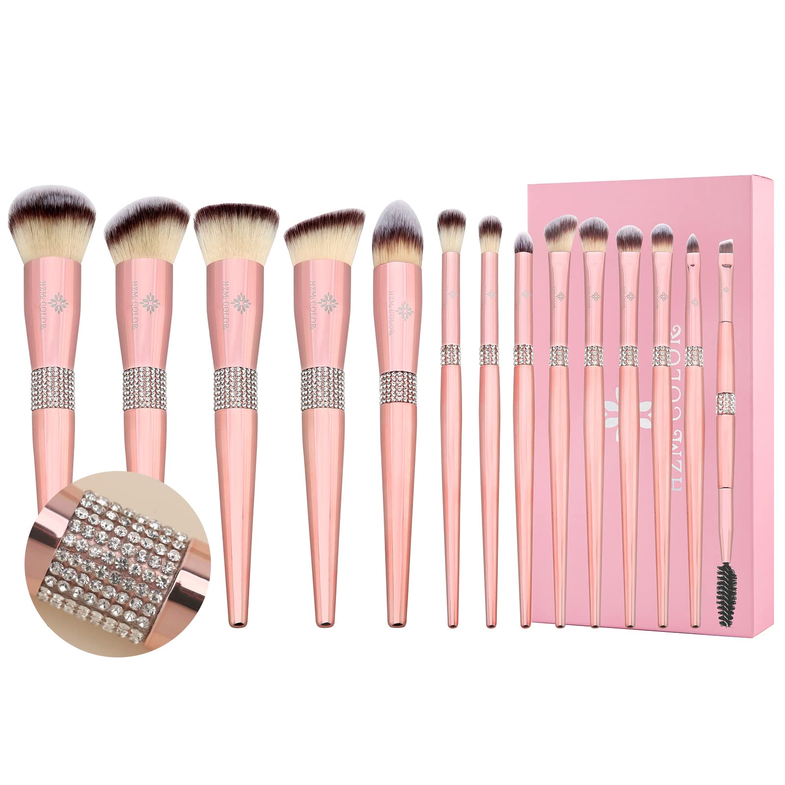 HZM COLOR Rose Gold Makeup Brushes 14Pcs Glitter Makeup Brush Set De Brochas De Maquillaje Premium Synthetic Cosmetic Brushes Bling Rhinestones Face Eye Make Up Brush Set With Case