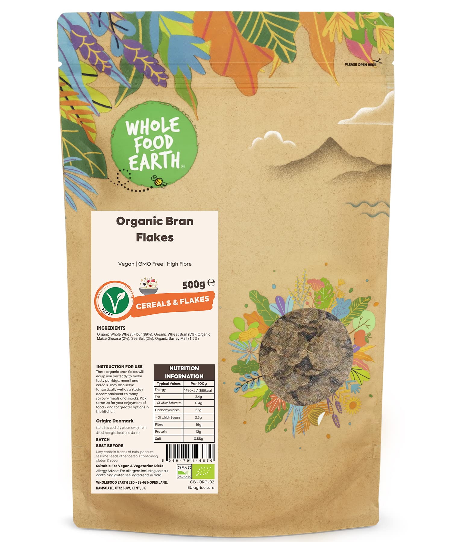 Wholefood EarthOrganic Bran Flakes 500g Vegan | GMO Free | High Fibre | Certified Organic