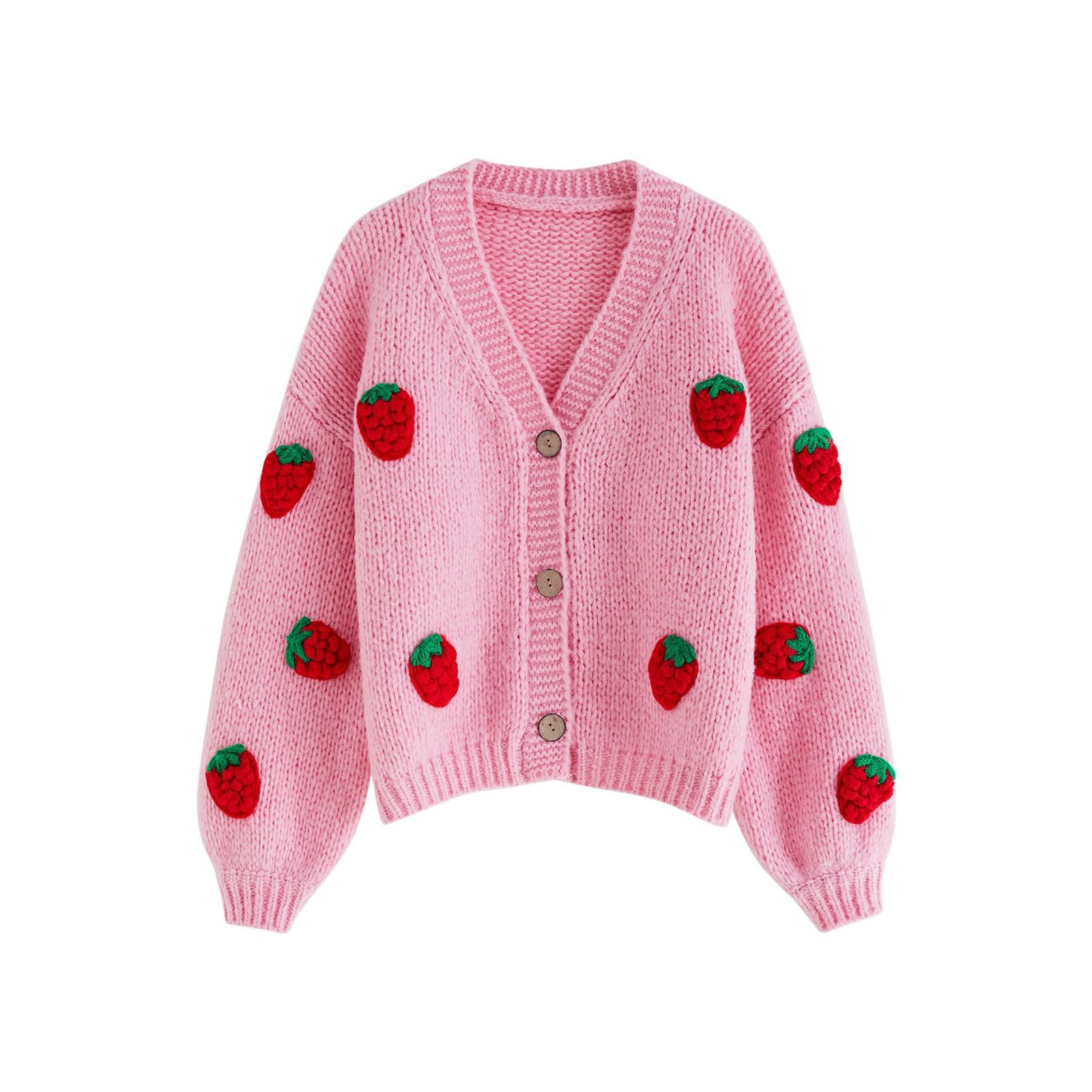 ChicwishWomen's Candy Pink/Cream Stitch Strawberry Button Up Hand Knit Cardigan