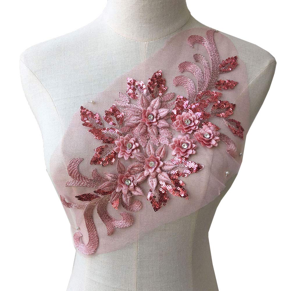 Exquisite 3D Flower Applique,Crystal,Sequined,Floral Patches Lace Appliques Motif Sew on Wedding Dress Gown Charm Pink