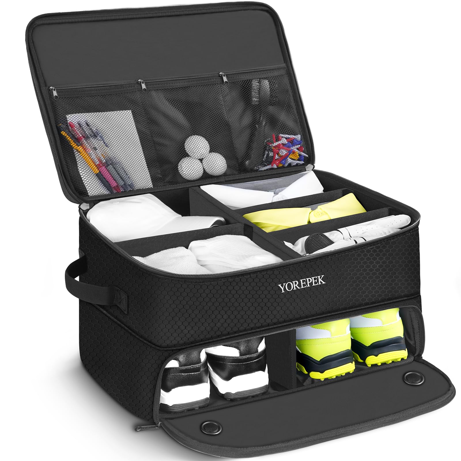 YOREPEK 2 Layer Golf Trunk Organizer, Waterproof Car Golf Locker with Separate Ventilated Compartment for 2 Pair Shoes, Golf Trunk Storage for Balls, Tees, Clothes, Gloves, Accessories, Golf Gifts