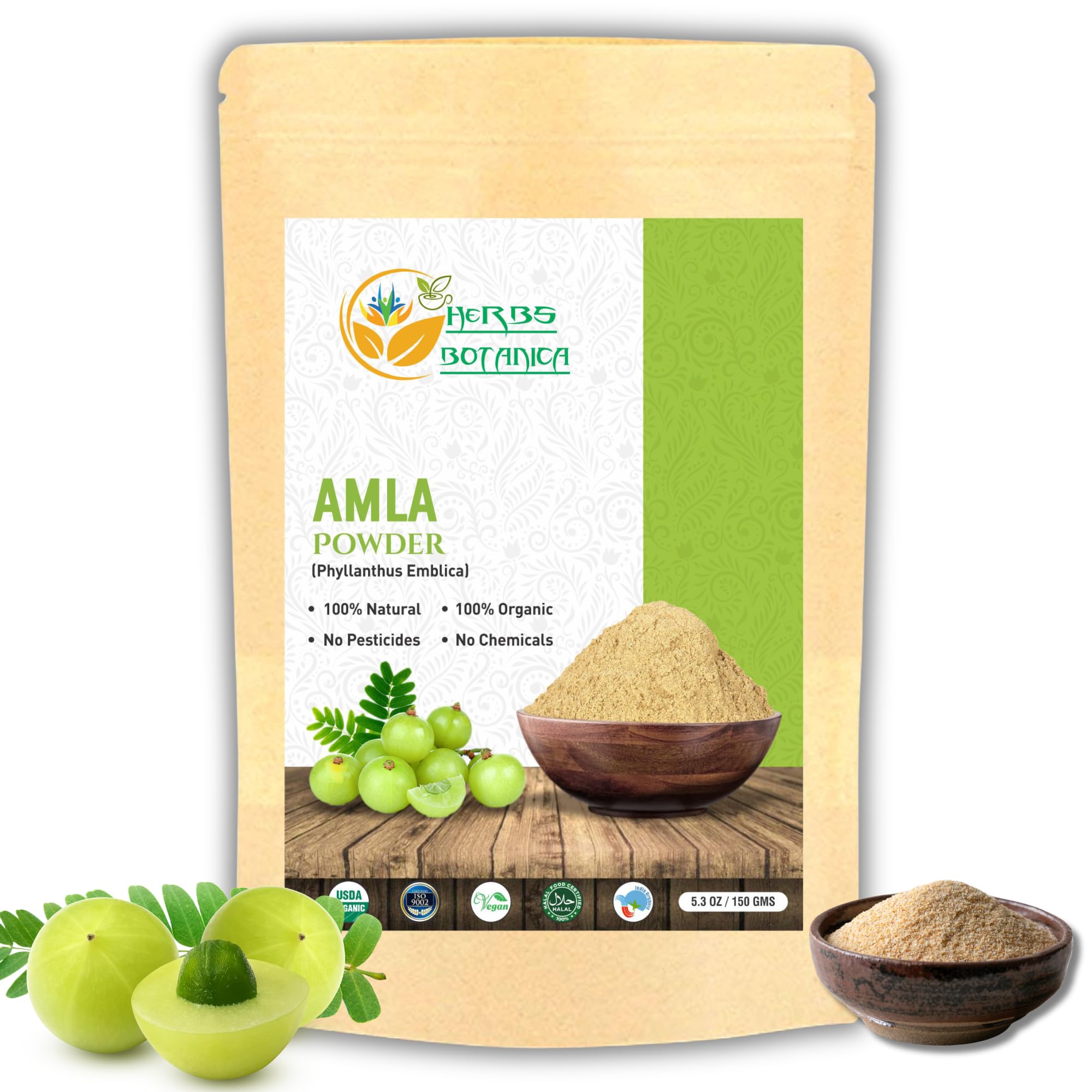 Herbs Botanica Organic Amla Powder Pure Indian Gooseberry with Vitamin C Amalaki Natural Alma Fruit Powder for Hair Growth Immune Support Emblica Officinalis 5.3 oz /150 GMS