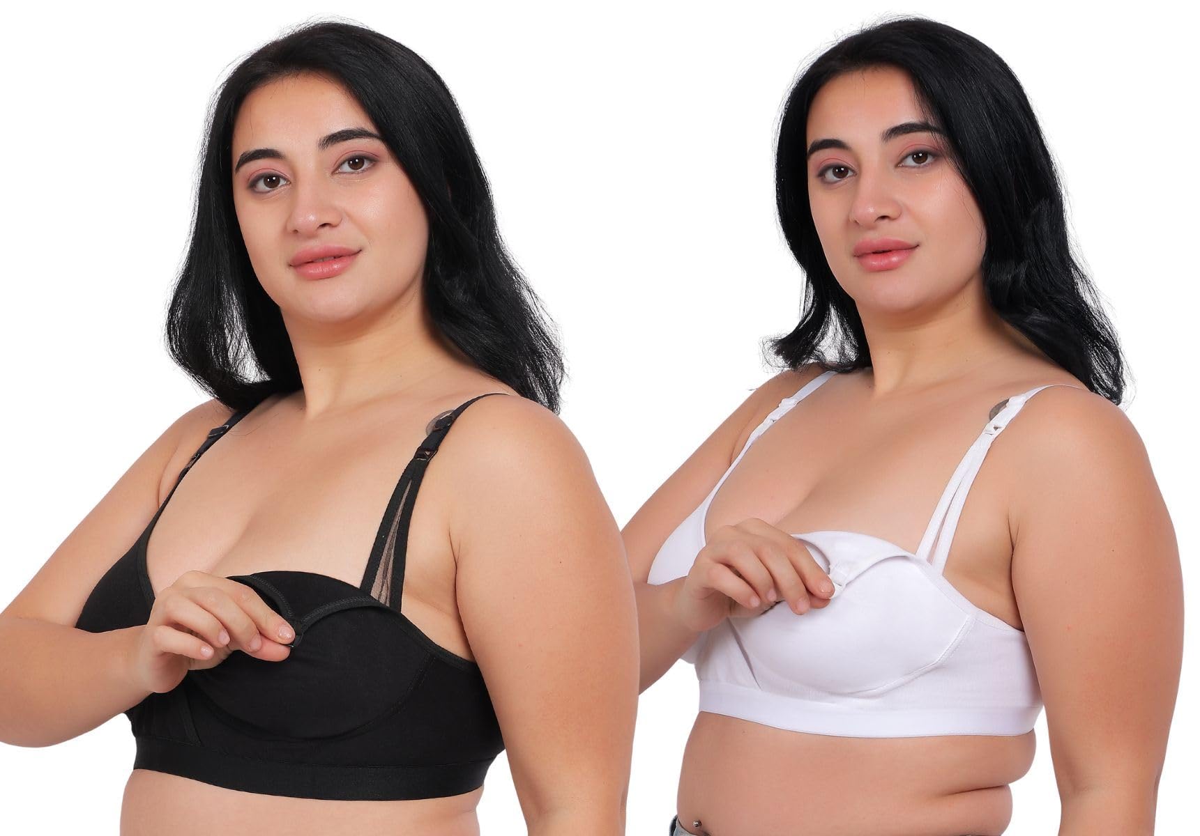 FabmeWomen's Seamless-Front Button Plus Size Nursing Bra -White, Black Pack of 2, 3