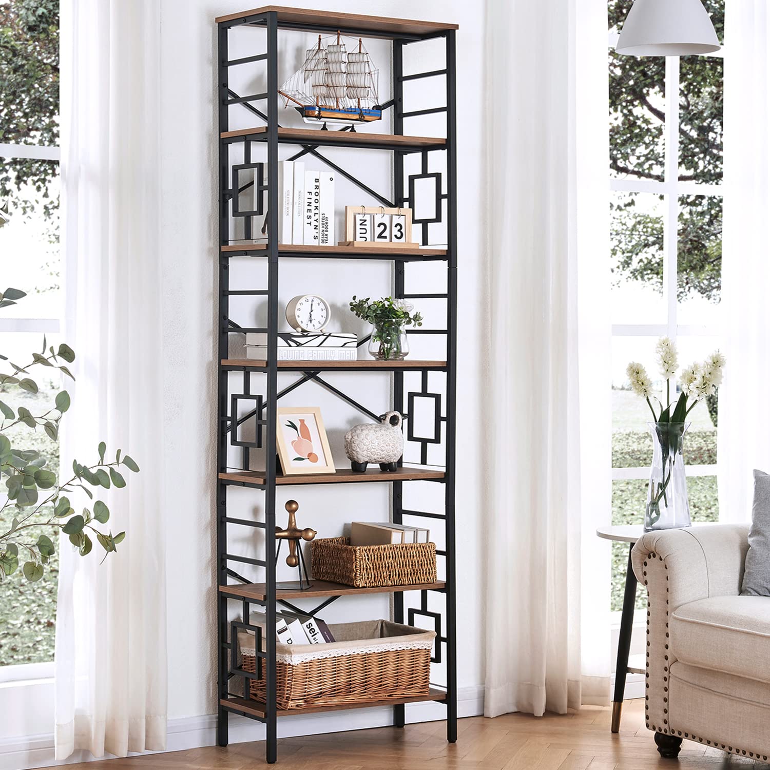 HOMISSUE Bookcase,7-Tier Tall Bookshelf Metal Bookcase and Bookshelves, Free Standing Storage Modern Bookshelf for Home Office Living Room and Bedroom , Rustic Brown