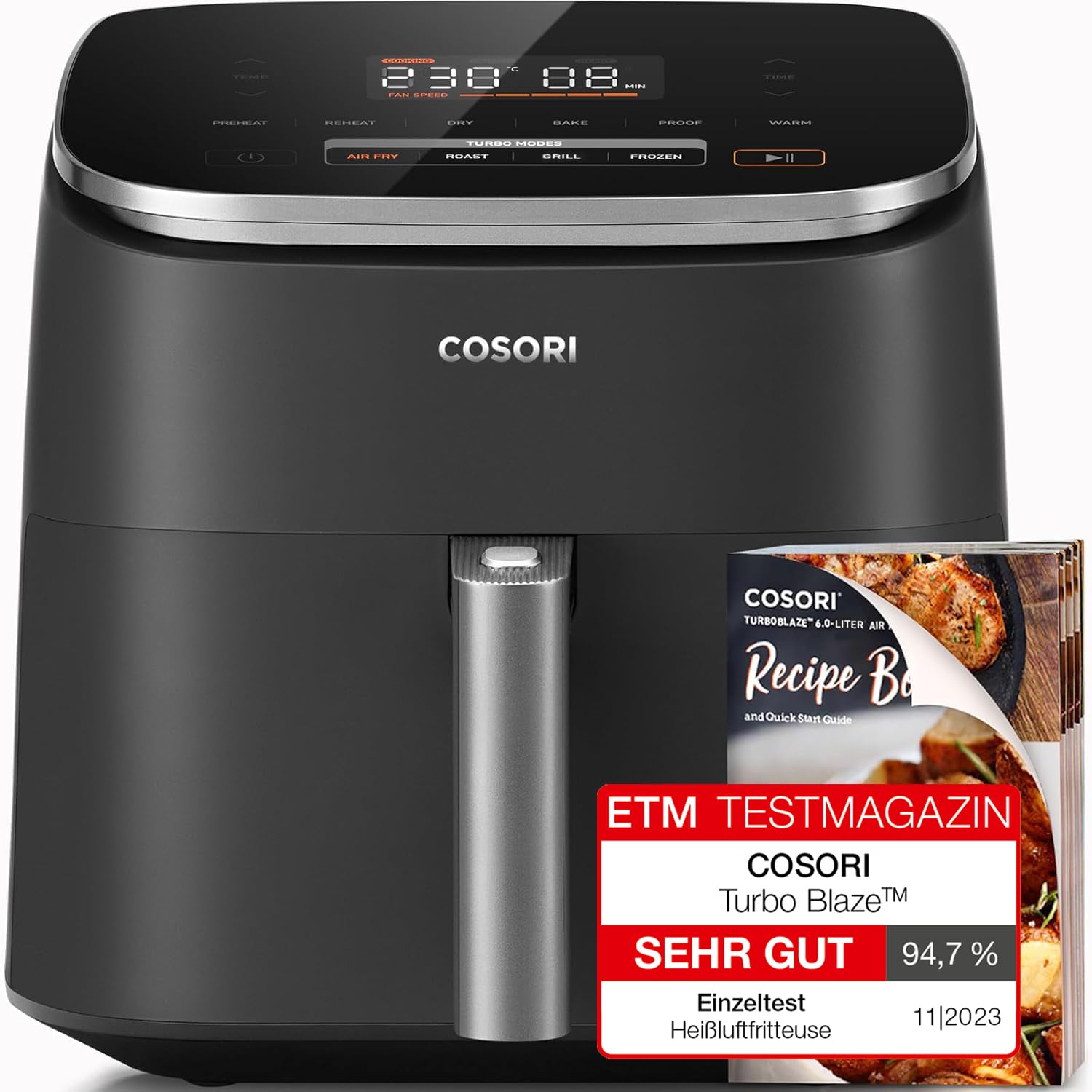 COSORI Air Fryer TurboBlaze, 6L Compact Design, 9 Functions with 5 Auto Fan Speeds Airflow System, Fast and Energy Saving, 30℃ to 230℃, Quiet, 110+ Recipes, Oil Free, Non-stick, Dishwasher Safe