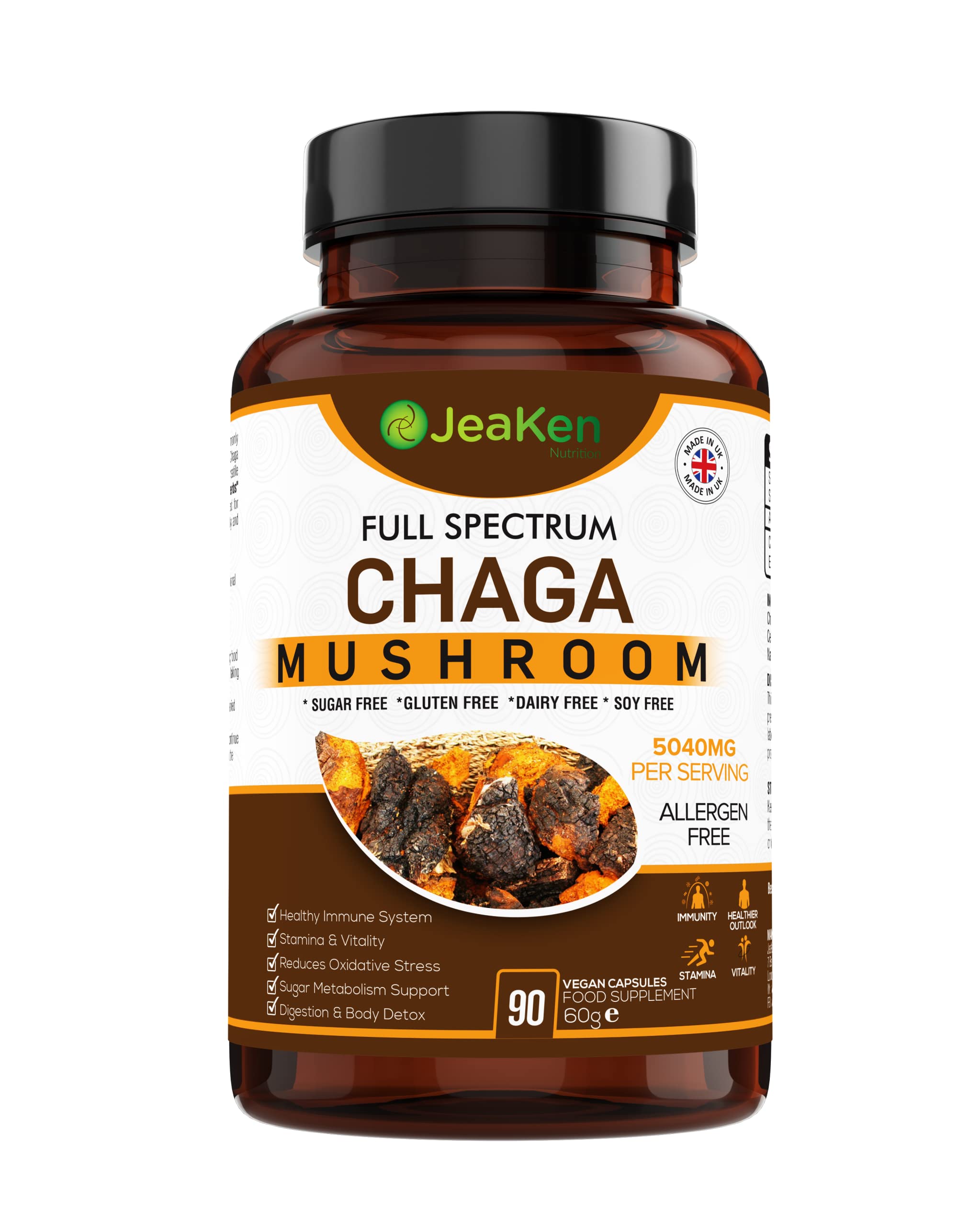 JeaKen Full Spectrum Chaga 4:1 Mushroom Extract Capsules - Enhances Immunity, Stamina, Energy - Supports Mental Focus, Stress Relief - 90 Allergen-Free Caps - Non-GMO Adaptogen Supplement