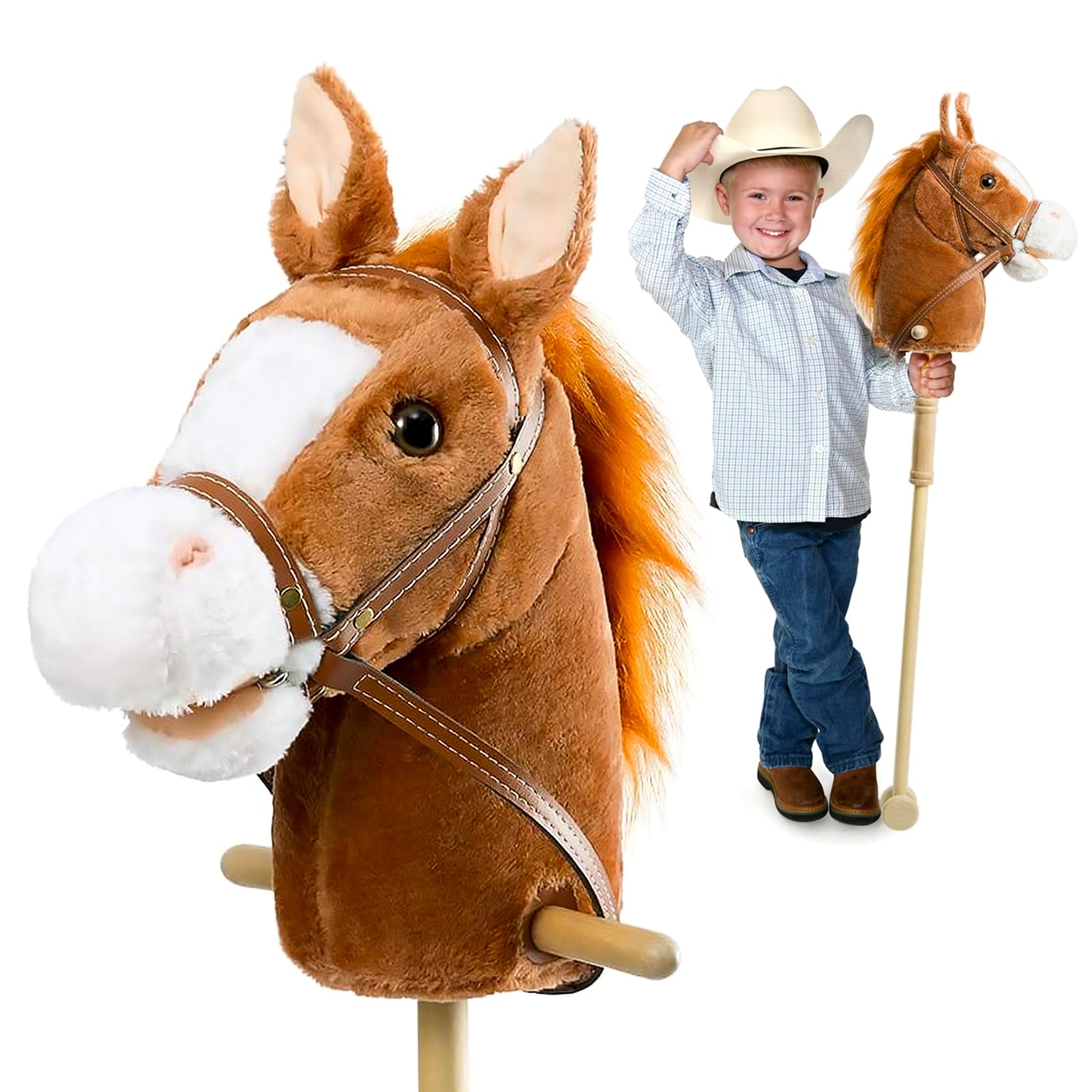 HollyHOME Stick Horse Plush Handcrafted Hobby Horse on a Stick with Wood Wheels Real Pony Neighing and Galloping Sounds for Kids Toddlers Dark Brown 36 Inches(AA Batteries Required)