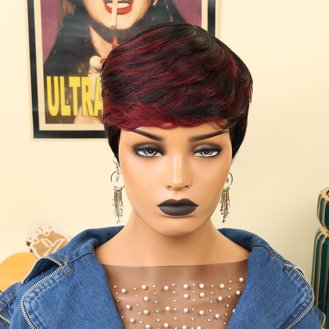 Short Human Hair Wig Wine Red Color Pixie Straight Human Hair Wig for Black Women Bangs Wig Burgundy Color Human Hair Wig Daily Wear