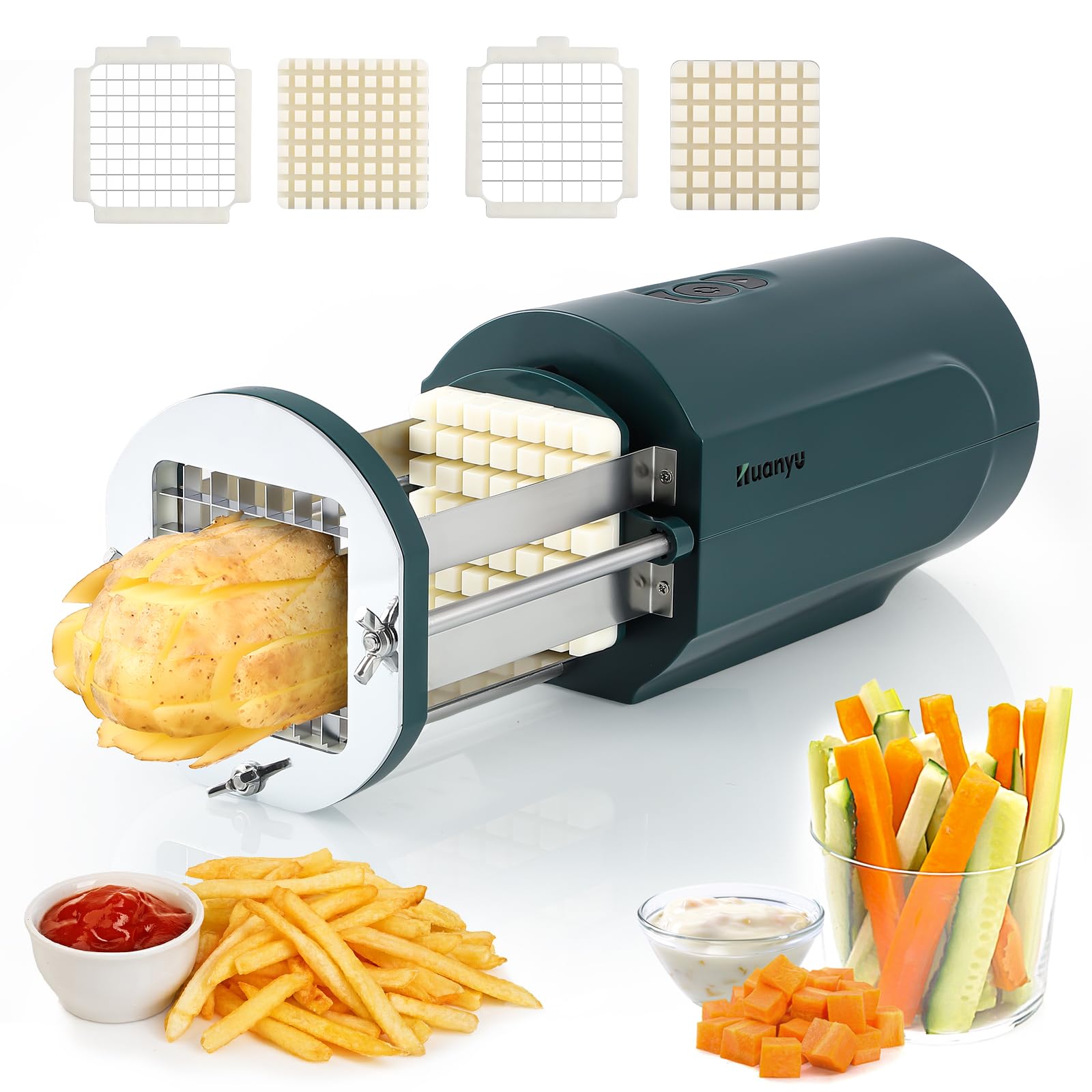 Huanyu Electric French Fry Cutter Electric Potato Cutter with 2 Sizes Blades Multifunctional Electric Vegetable Cutter for Potatoes, Carrots and Cucumbers (Green)