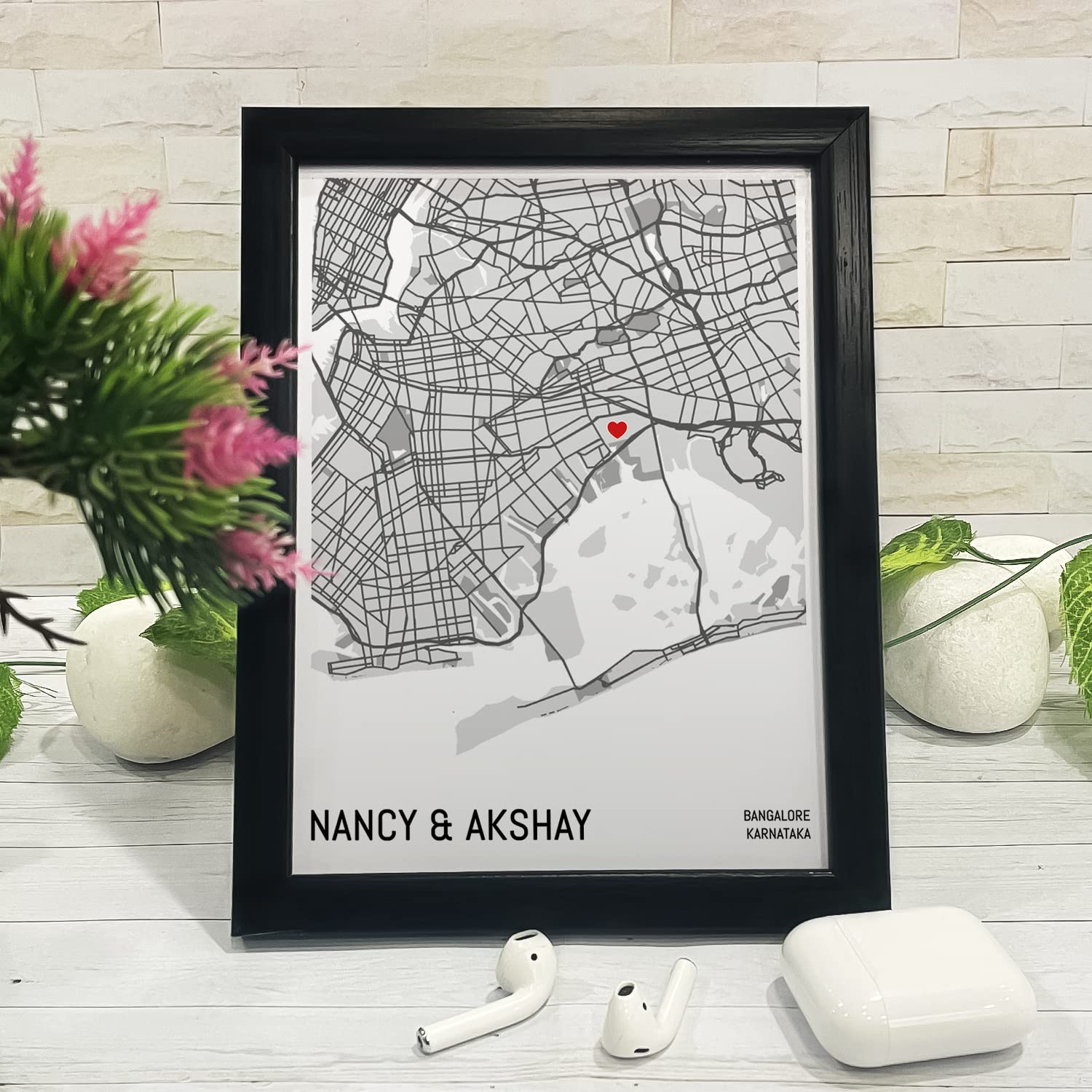 Ritwika's Personalized Memory Location Map With Name Digital Print Engineered Wooden Frame For Desk 17 X 22 CM Black & White Set Of 1