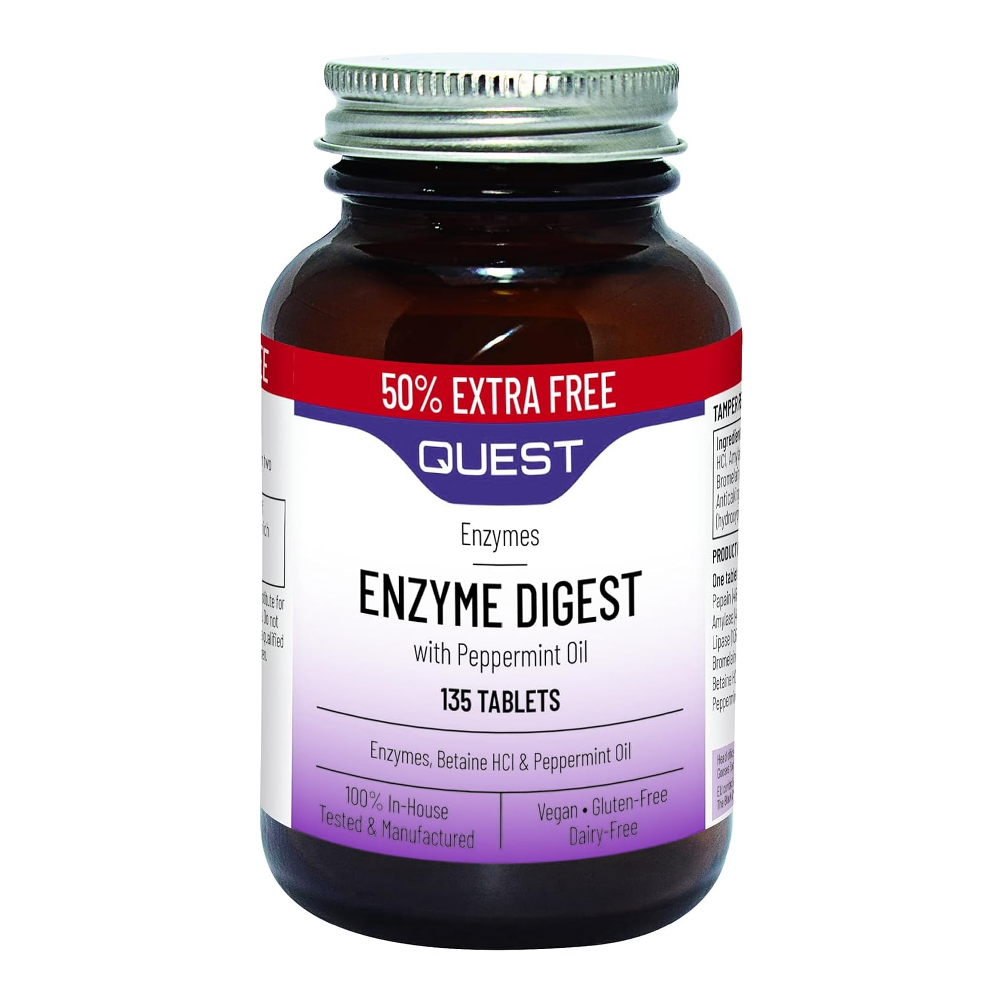 Quest Enzyme Digest with Peppermint Oil 90+45 Tablets. Potent Blend for Enhanced Nutrient Absorption & Comfort! (1 Pack)