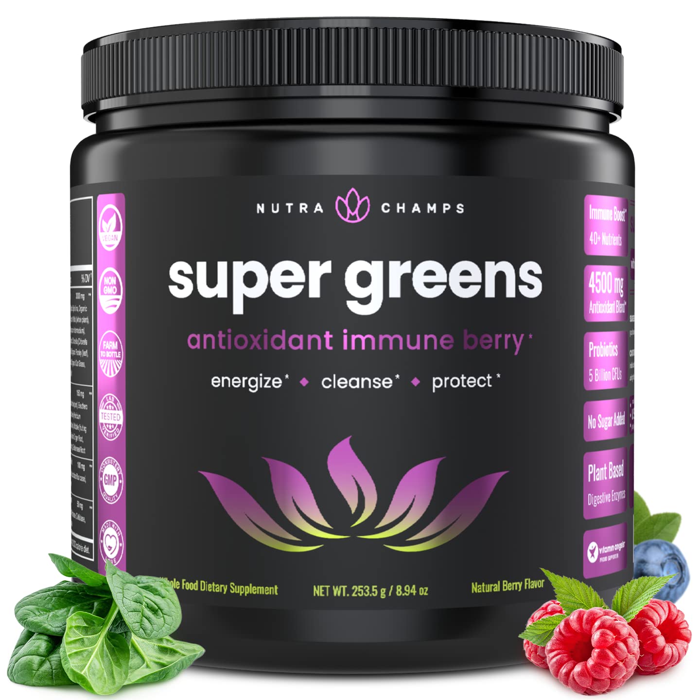 Super Greens Antioxidant Superfood Powder - Organic Green Veggie & Fruit Whole Foods for Immune System Support - Wheat Grass, Spirulina, Elderberry & More - Vegan Juice Supplement, Sweet Berry