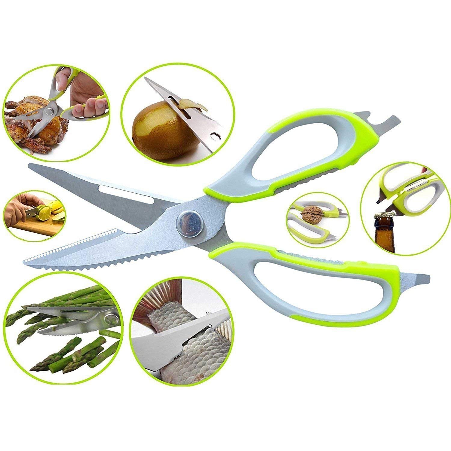 KLIZNIL 10 in 1 Kitchen Scissors Magnetic Knife Mighty Shears Scissors Stainless Steel Scissors for Vegetable Chicken Cutter Screw Driver Nut Cracker Bottle Cap Opener