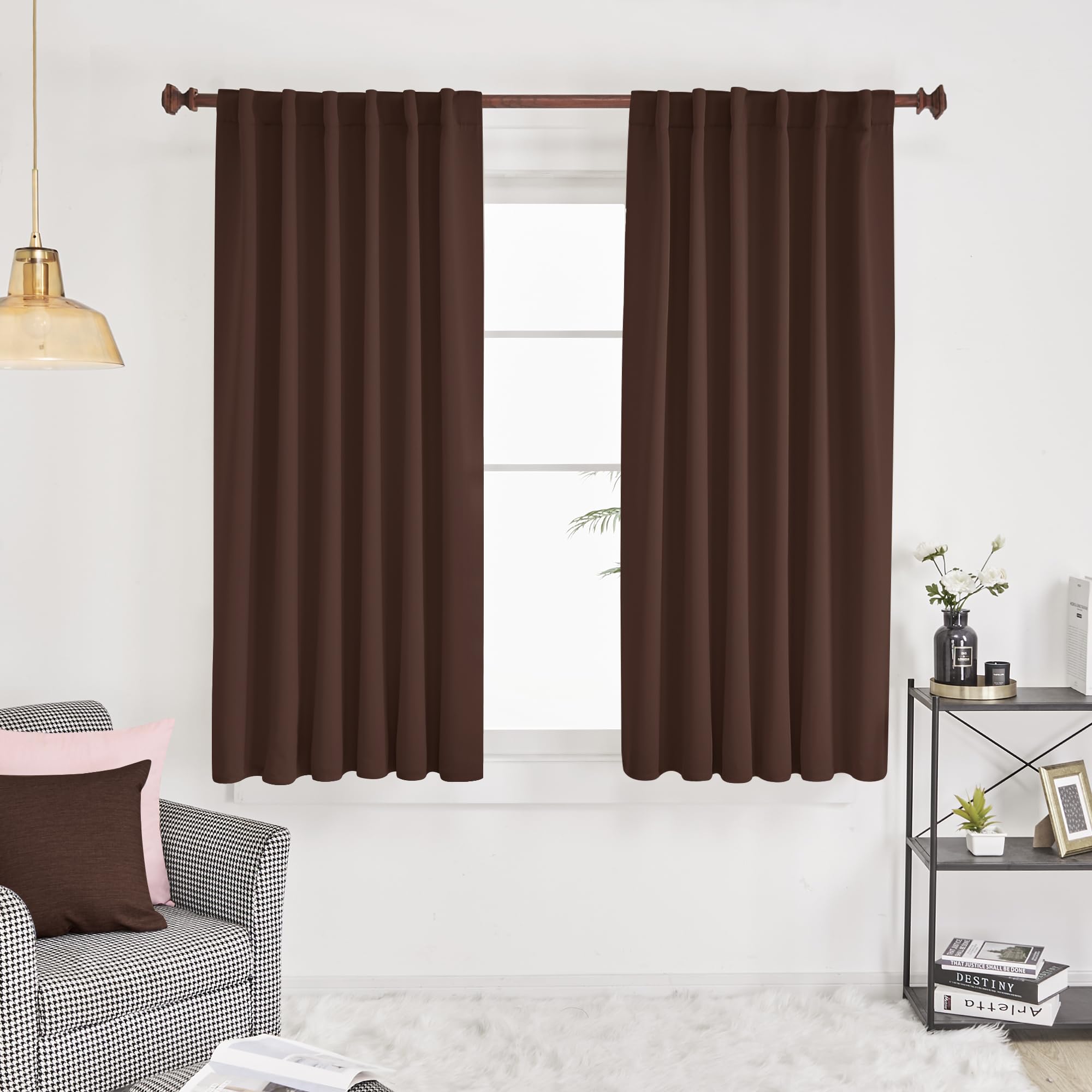 Deconovo Solid Thermal Insulated Blackout Curtains, Back Tab and Rod Pocket Curtains - (Chocolate Color), 52x63 Inch 2 Panels, Room Darkening Curtains for Bedroom