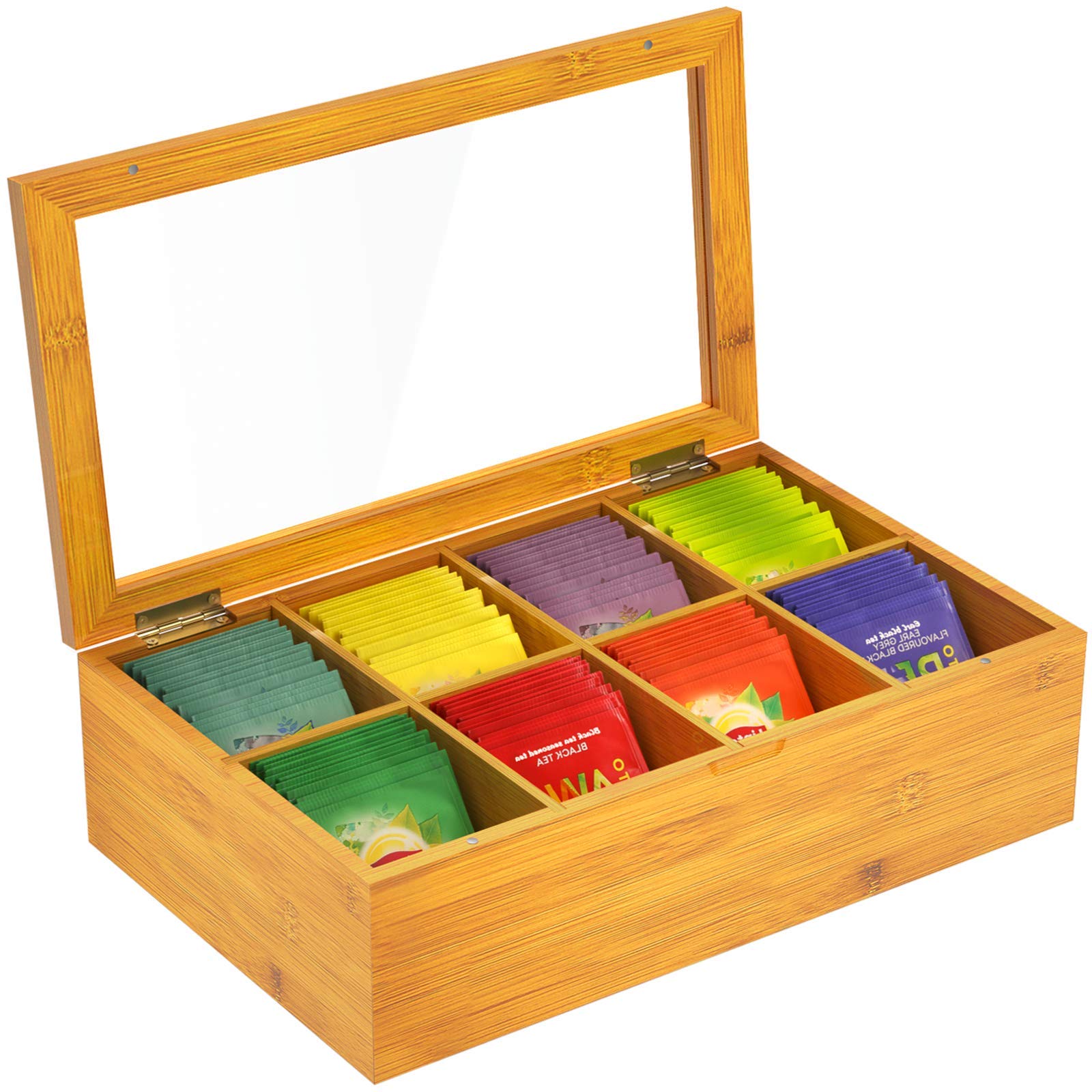 Natural Bamboo Tea Box Storage Organizer- 8 Compartments Tea Bag Holder with Clear Glass Lid- Natural Bamboo Tea Storage Organizer by Pipishell