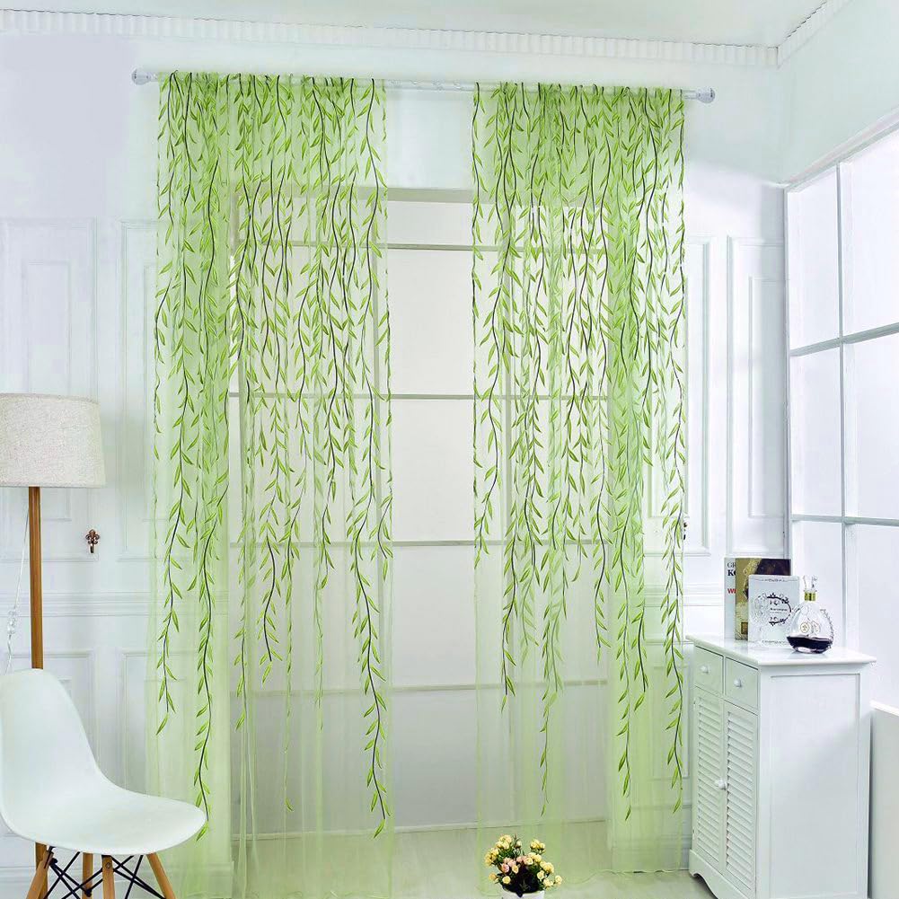 niCWhite2pcs Willow Curtain Leaf Tulle Voile Curtains Rod-Pocket Green Sheer Curtains 39"x78.7" Window Room Scarf Door Bed Drape Panels Window Treatments for Bedroom Living Room