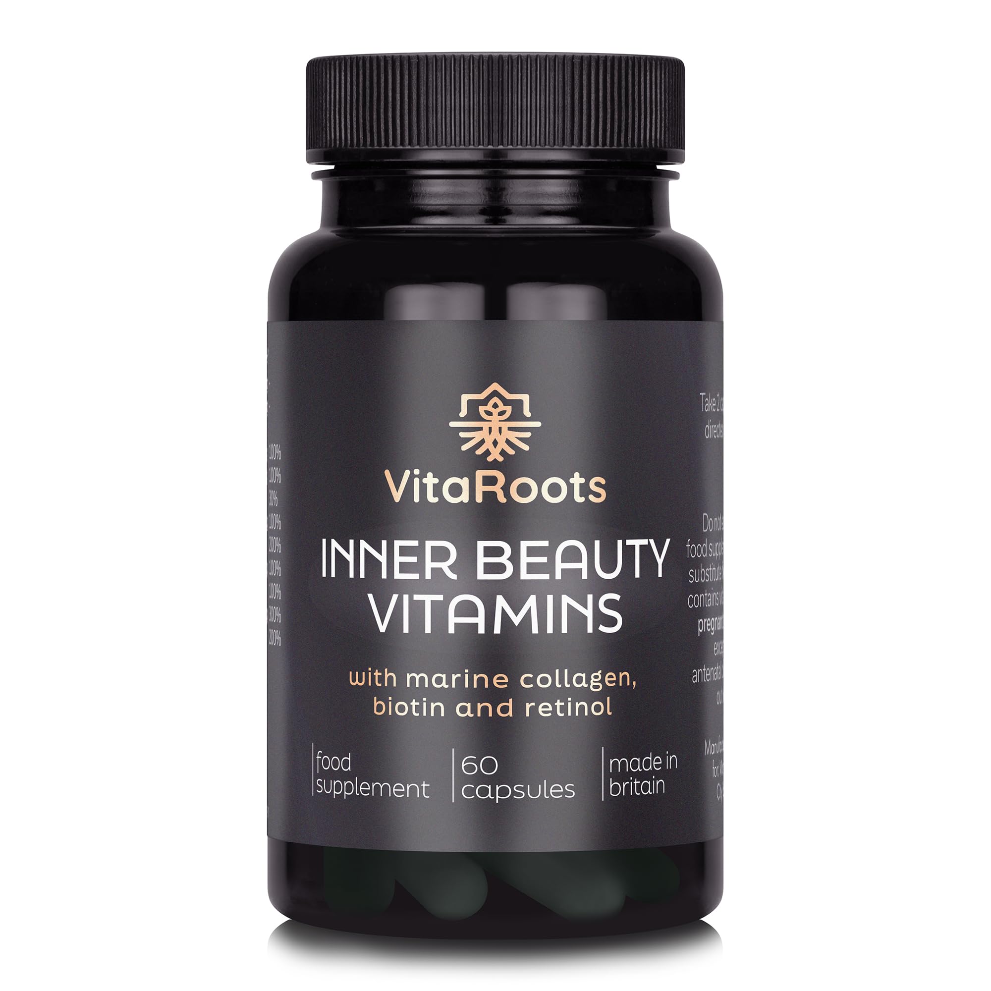 Inner Beauty Vitamins, with Marine Collagen, Retinol and Biotin for Healthy Hair, Skin, Joints and Nails. Contains Active Molecules Only. Free from Fillers and Cacking Agents. for Men and Women