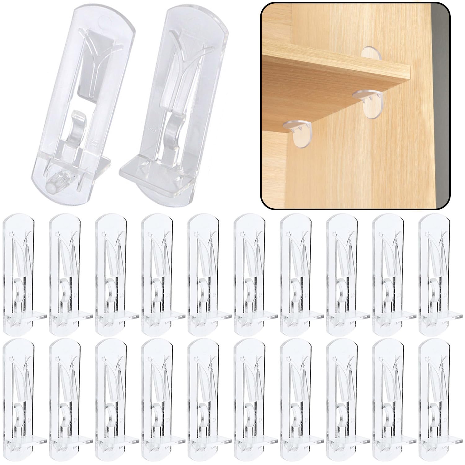 20pcs Plastic Locking Shelf Support Pegs,6.9mm Shelf Pins,Self-Locking Bracket Clips,Clear Shelf Pegs for for Kitchen Cabinet Furniture Book Shelves,6.9mm Peg x 5/8" Thick Shelves