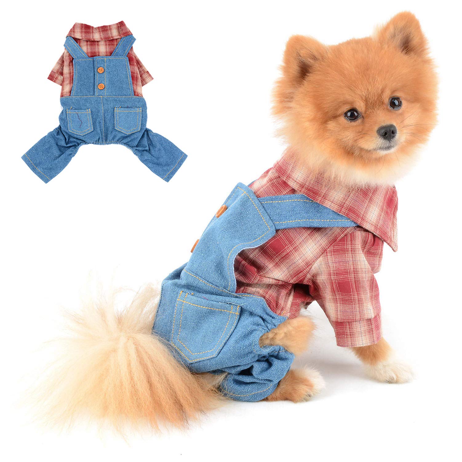 SELMAI Shirt with Bib Pants for Dogs Plaid Tank Tops Tshirt Outfits for Small Male Dogs Puppies Chihuahua Overalls for Cats Apparel for Kittens Summer Adorable Pets Clothes Short Sleeves Red XL