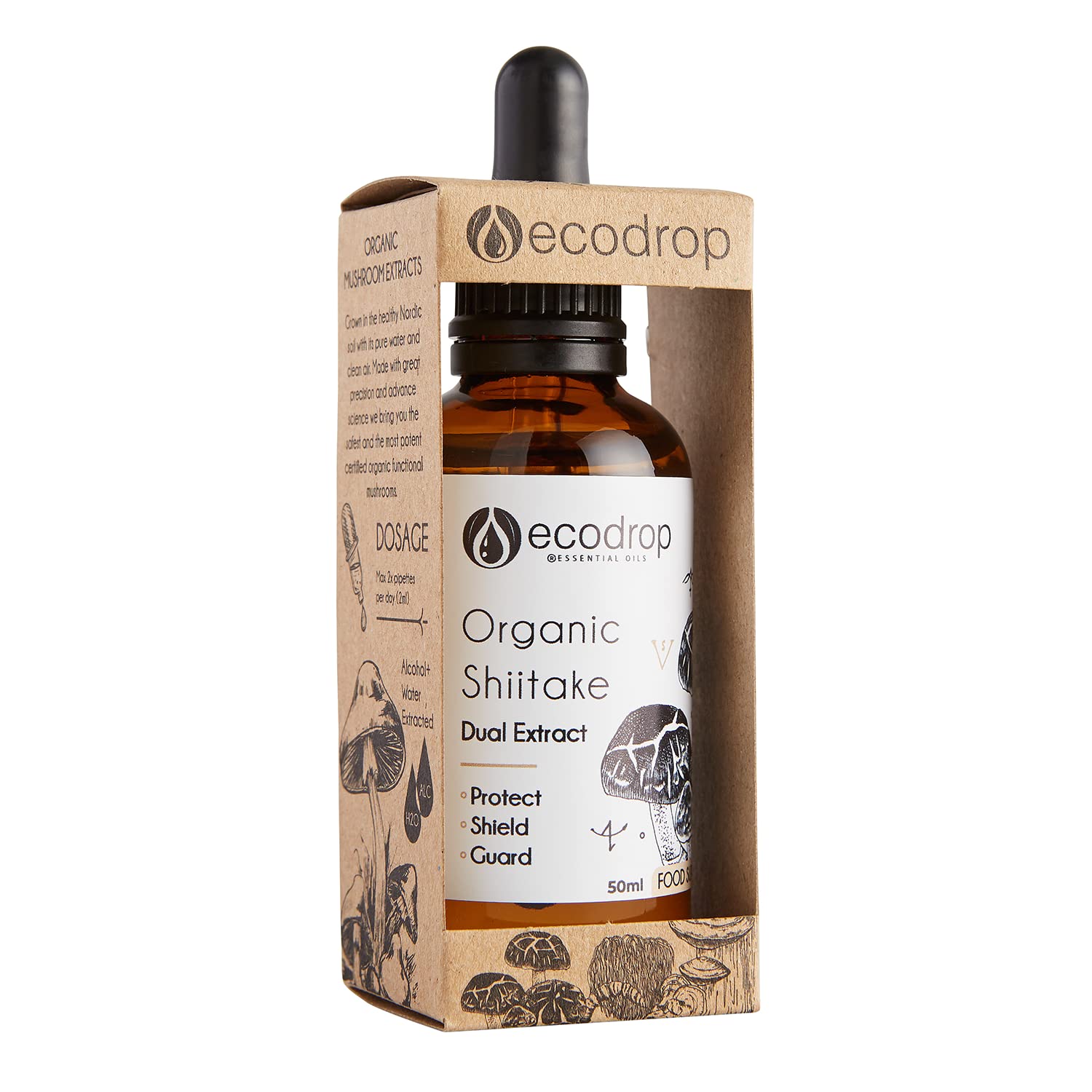 Ecodrop Organic Shiitake Mushroom (Lentinula Edodes) - Double Extract Liquid Tincture, 50ml - EU & Soil Association - Organic Certified - Manufactured in Finland