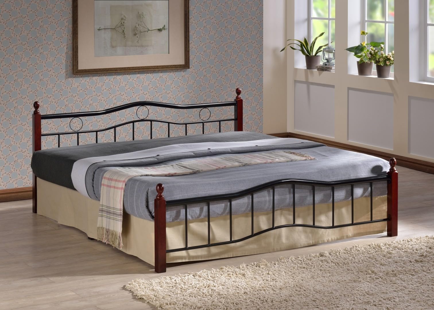 MOHAMMAD AZIM FURNITURE MAF Wood And Steel Bed MAF-6888- Queen Size 190x150 With Wooden Legs Cherry Brown