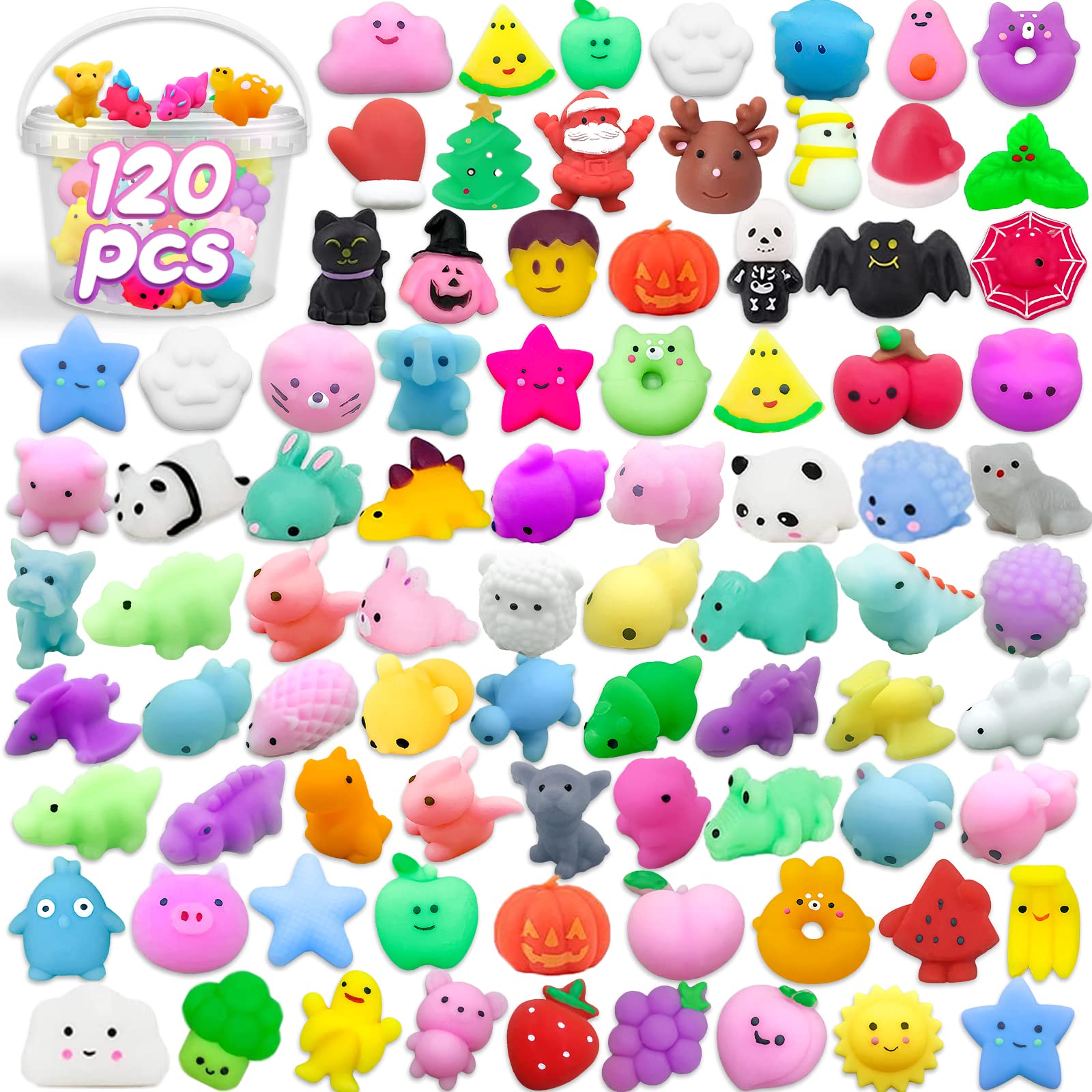 120pcs Mochi Squishy Toys, Animal Squishies Party Favors for Kids, Mini Stress Relief Toy Pack, Sensory Fidget Toys Bulk for Classroom Prizes/Halloween/Xmas/Birthday Gift, Goodie Bag Stuffers(Random)