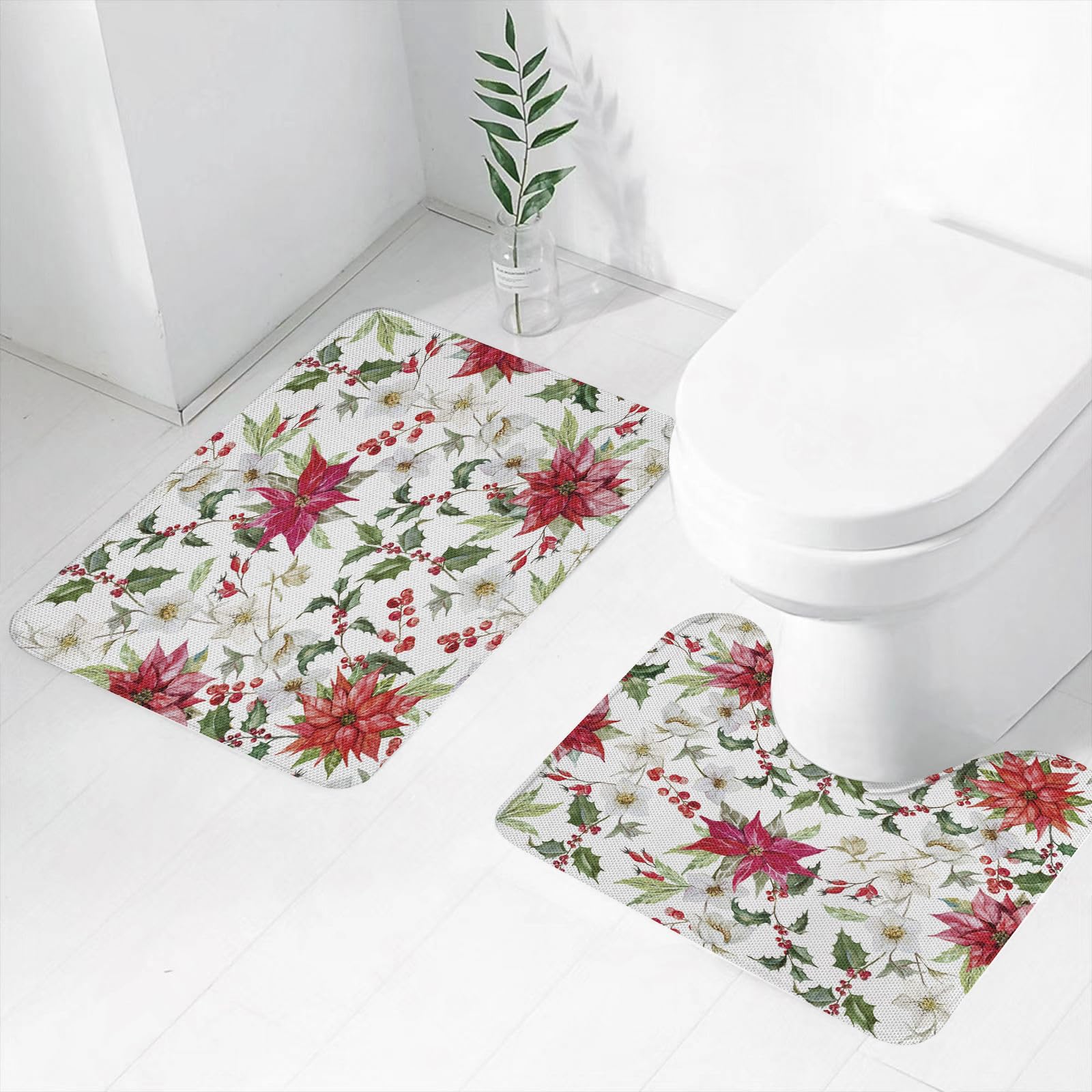 DHAEY Non Slip Kitchen Mats - Runner Carpet Set Of 2Fresh Poinsettia Flowers and Rowan Berry Branches Christmas Printed Absorbent Long Area Rug - Soft Washable Indoor Floor Mats For House Sink Office