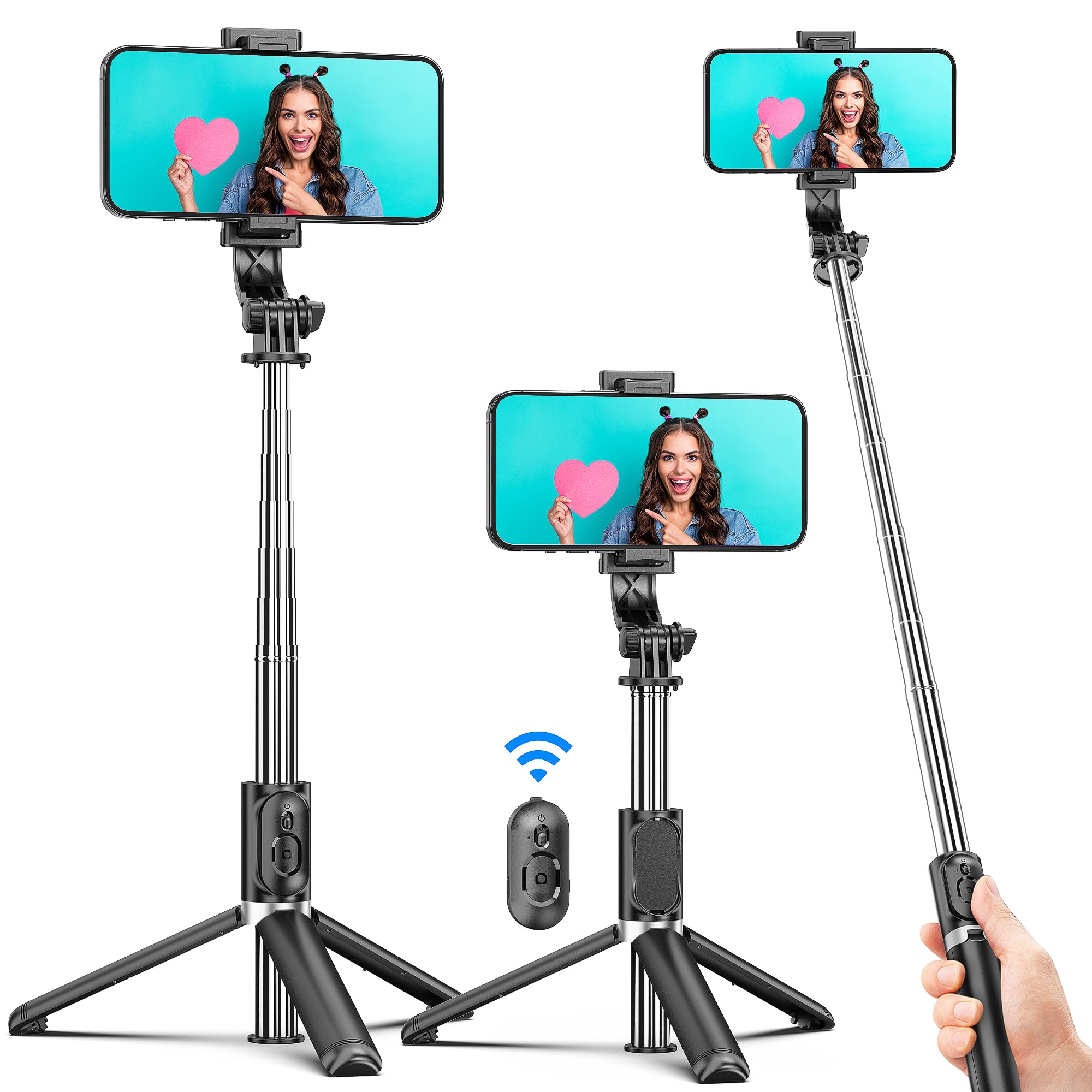 Selfie Stick Tripod, All in One Extendable & Portable iPhone Tripod Selfie Stick with Wireless Remote Compatible with iPhone 16 15 14 13 12 11 pro Xs Max 8 7, Galaxy Note10/S20/S10/OnePlus 9/9 PRO etc