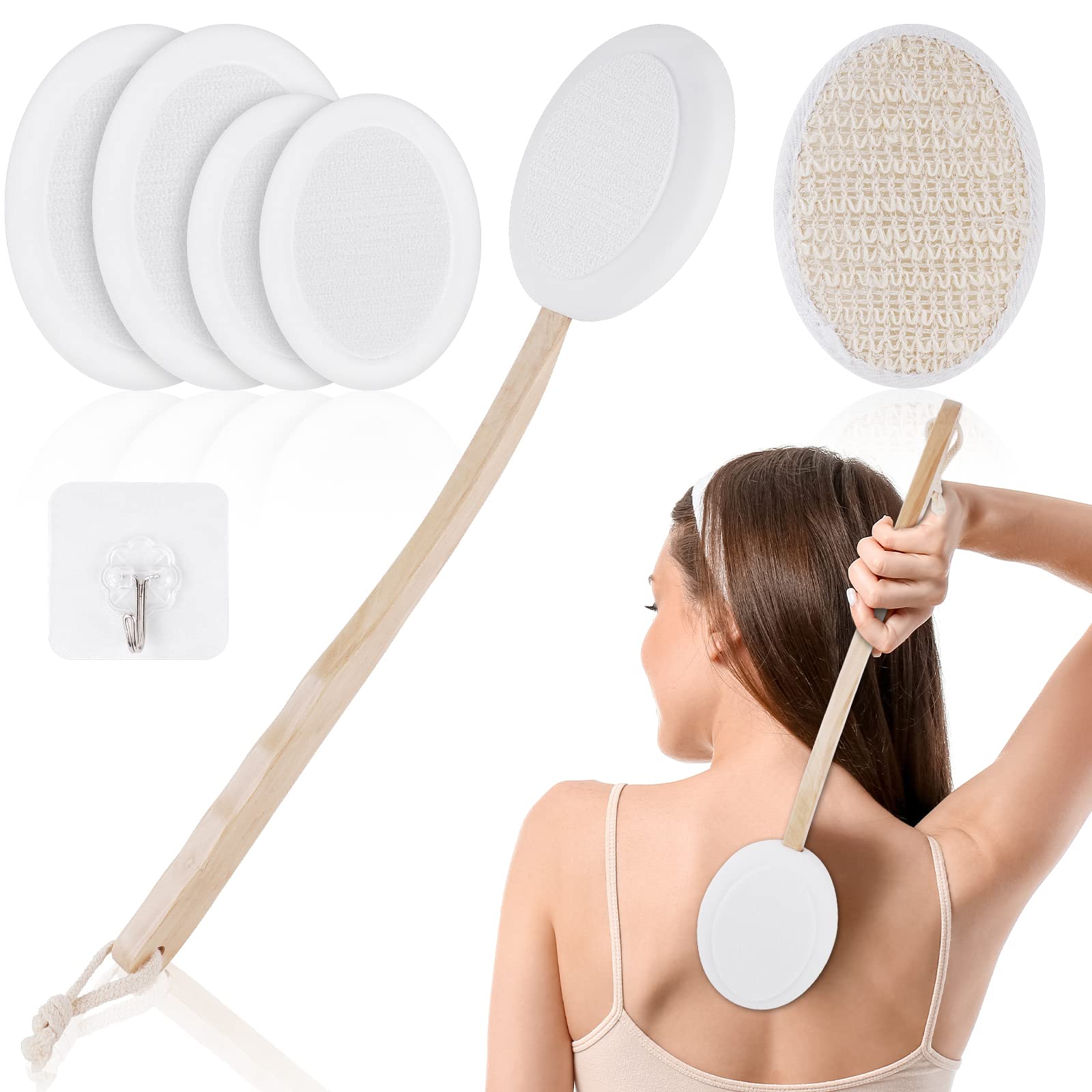 URAQTLotion Applicator for Back, 7 Piece Set Back Cream Applicator, 2 in 1 Body Brush Back Scrubber for Self Application, Long Wooden Handle Back Applicator with 4 Pads, Bath Brush and Hook