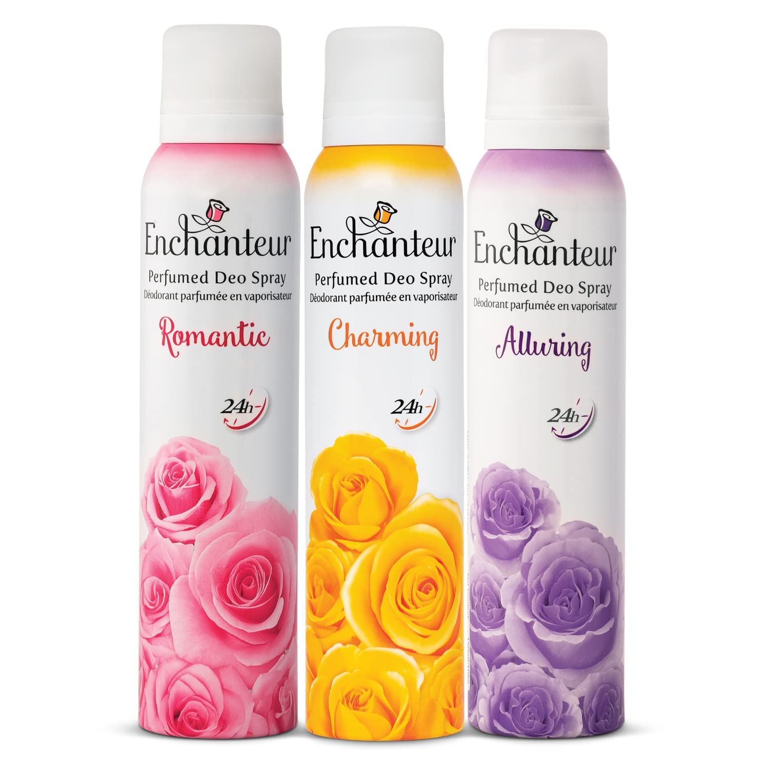 En;chanteur Perfumed Deo Spray for Women with 24-Hours Odour Protection & Long-Lasting Floral French Fragrance| Romantic, Charming, & Alluring Deodorant Body Spray Assorted Pack| 150ml Each