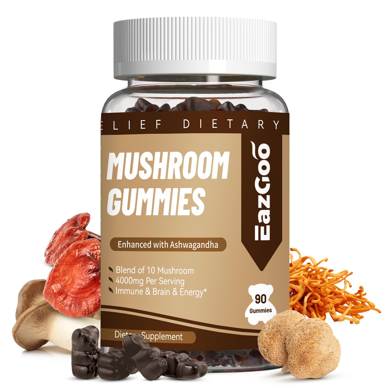 Mushroom Gummies Supplement - with Ashwagandha, Lions Mane, Shitake Mushrooms, Turkey Tail, Chaga, and Cordyceps Mushroom for Immune Health, Mood & Stress Support (90 Gummies)