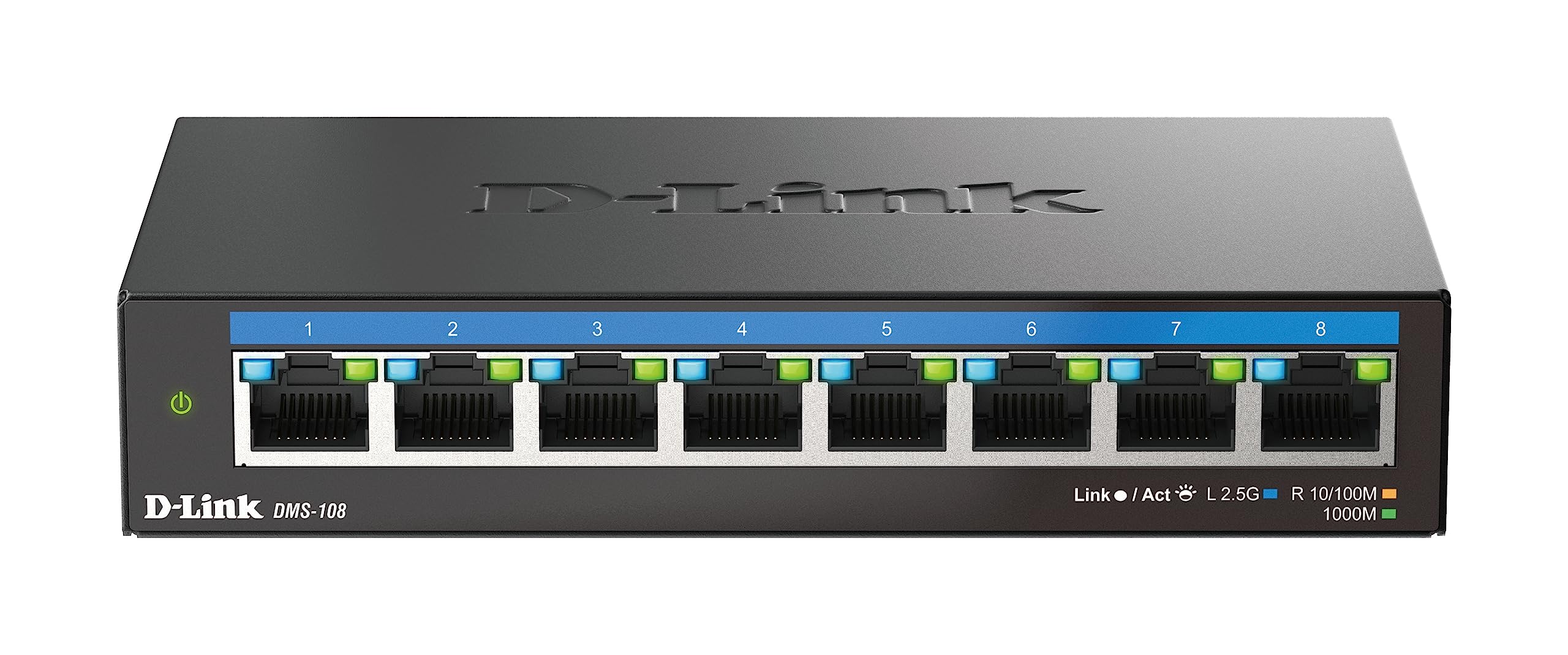 D-Link DMS-108 8-Port 2.5G Multi-Gigabit Unmanaged Desktop Switch with eight 2.5 Gigabit Ports, Fanless, Low Profile, Compact, Metal Housing, QoS, Plug and Play